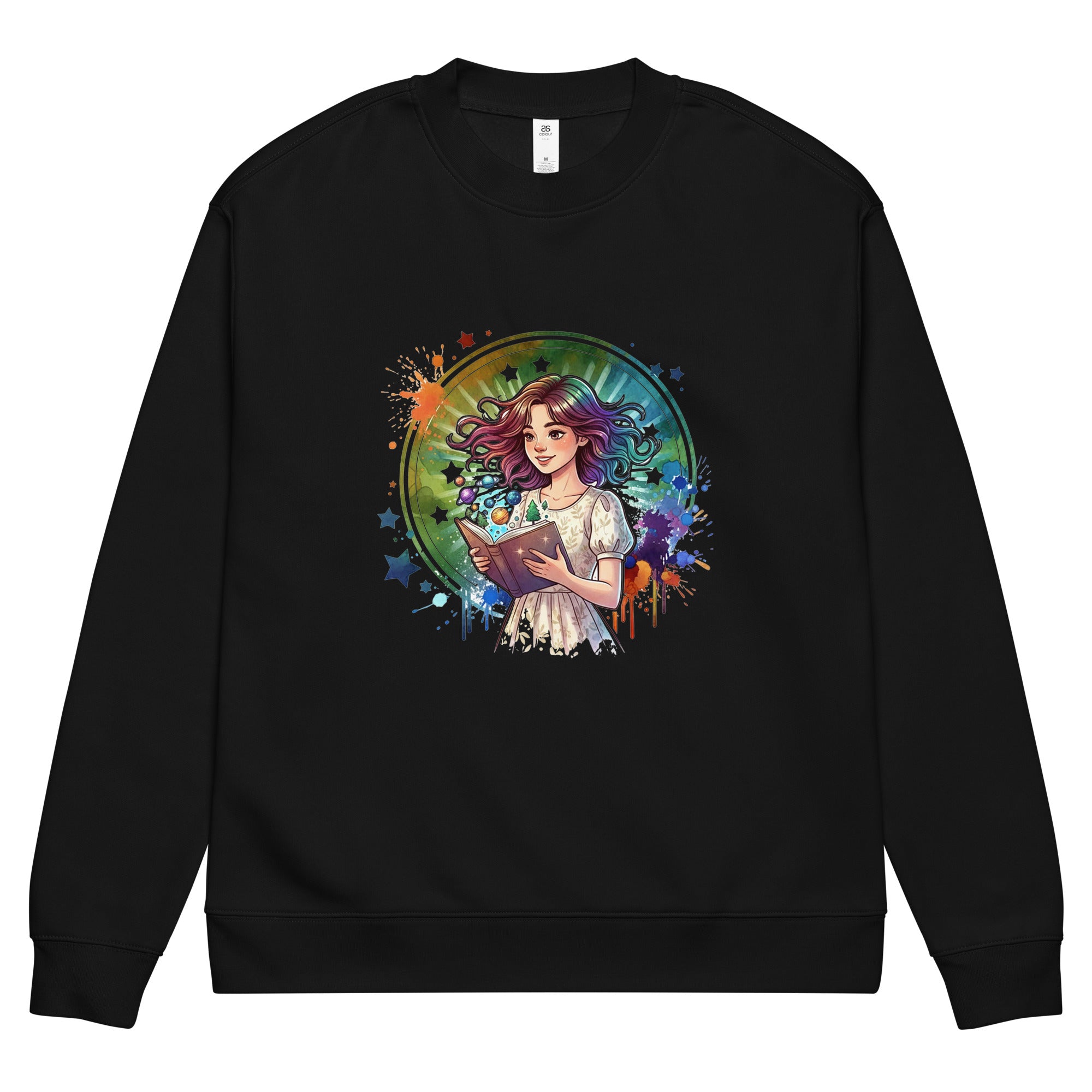 Black sweatshirt with an illustration of a girl holding a book on a colorful background