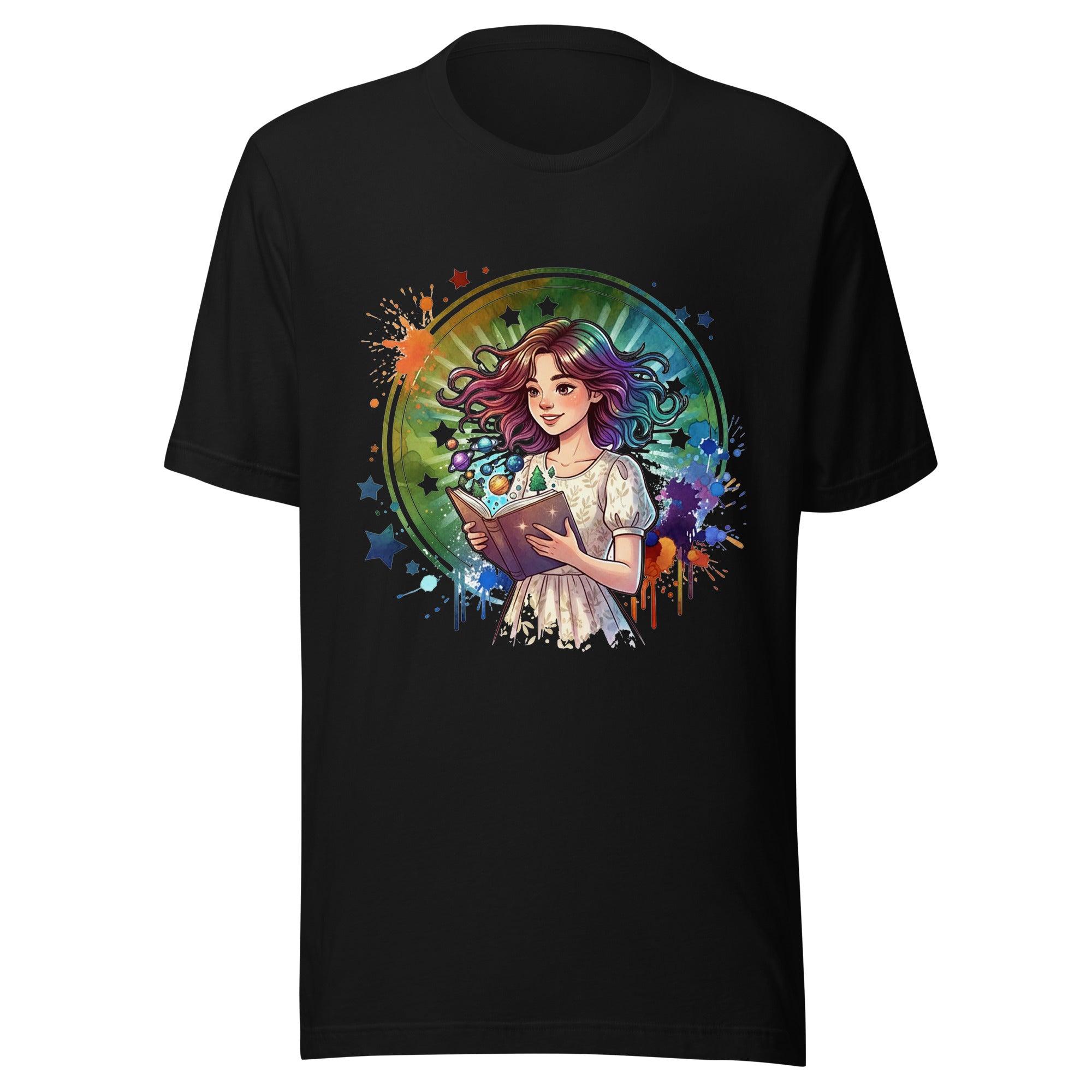 Black t-shirt with a colorful graphic of a girl holding a book on a white background