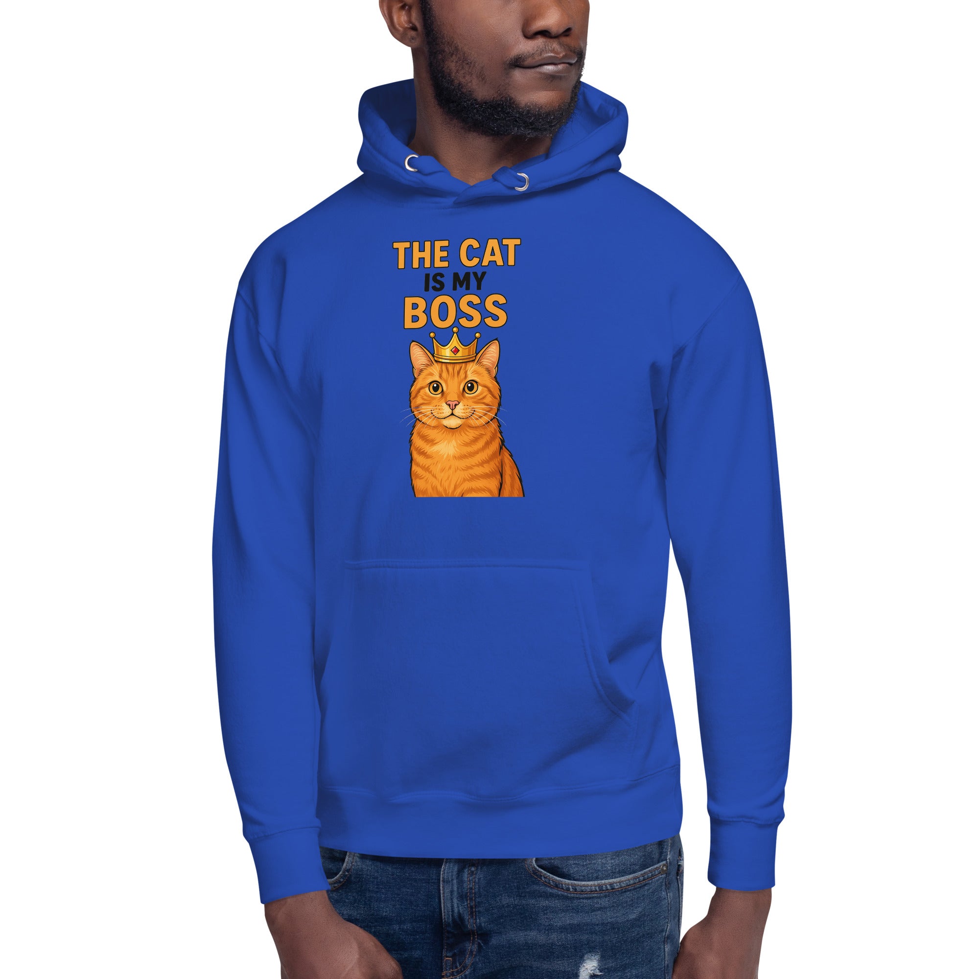 Blue hoodie with a cat graphic and text on a white background