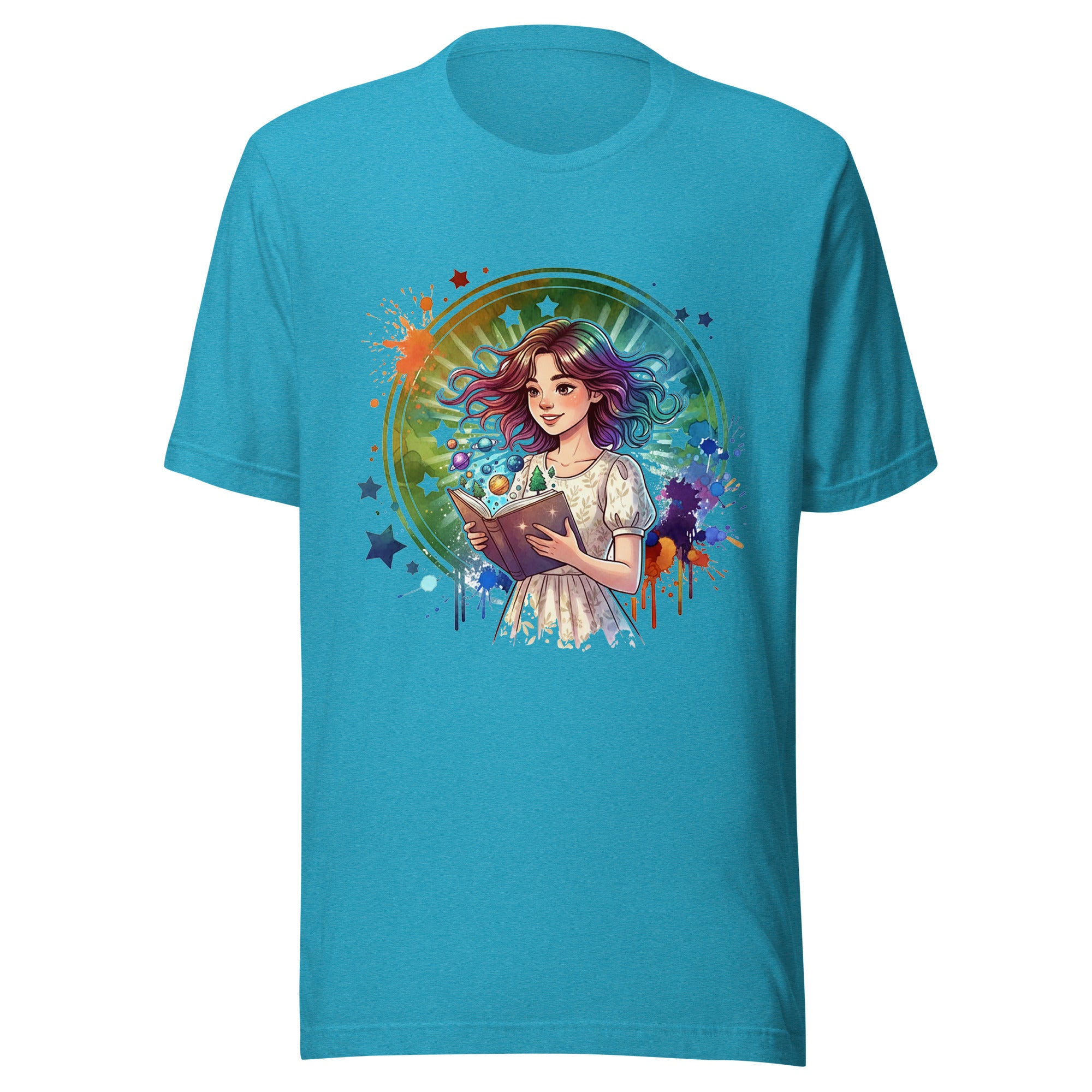 Blue t-shirt with a colorful graphic of a girl holding a book on a white background