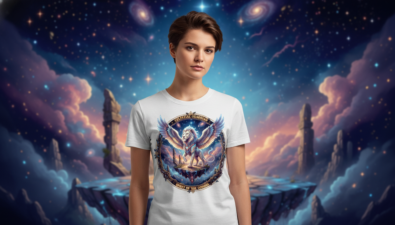 White T-Shirt with Celestial Guardian winged lion graphic against a starry cosmic background