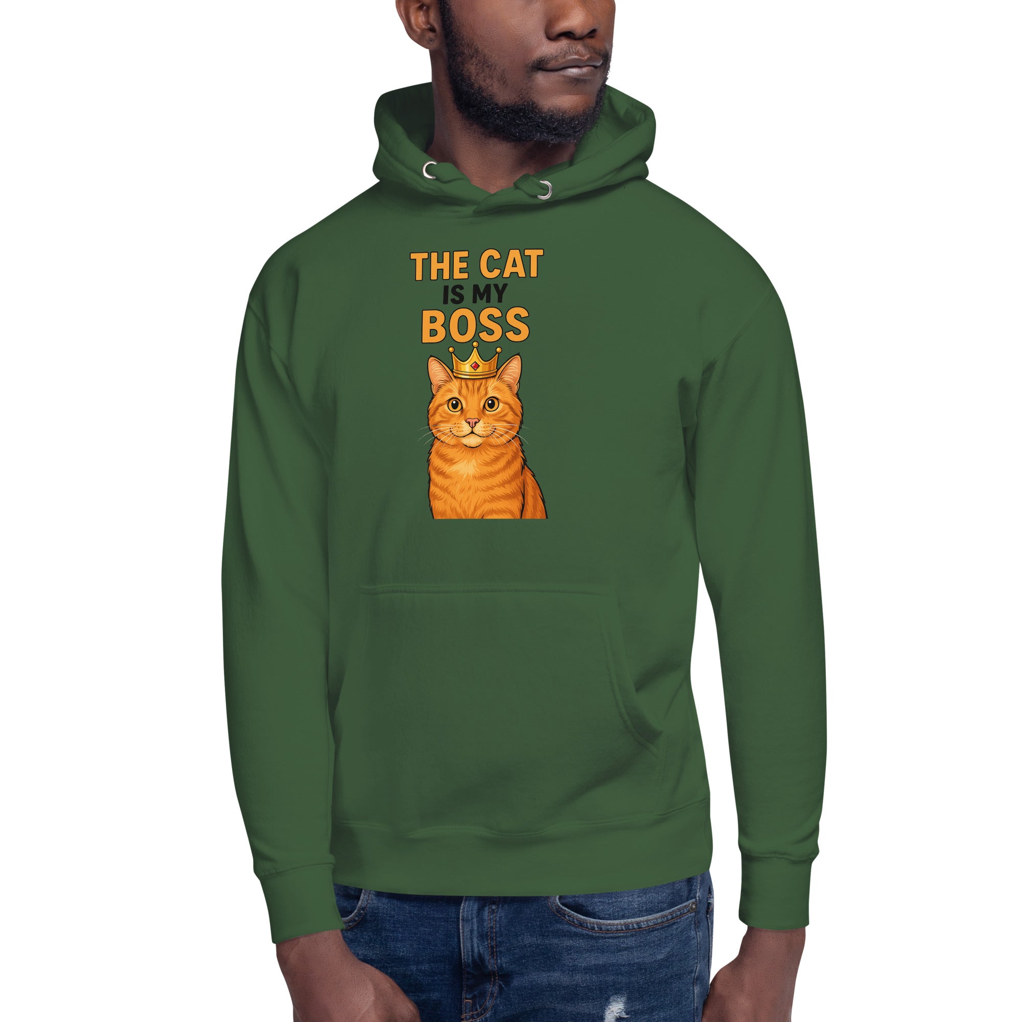 Green hoodie with a cat graphic and text on a white background