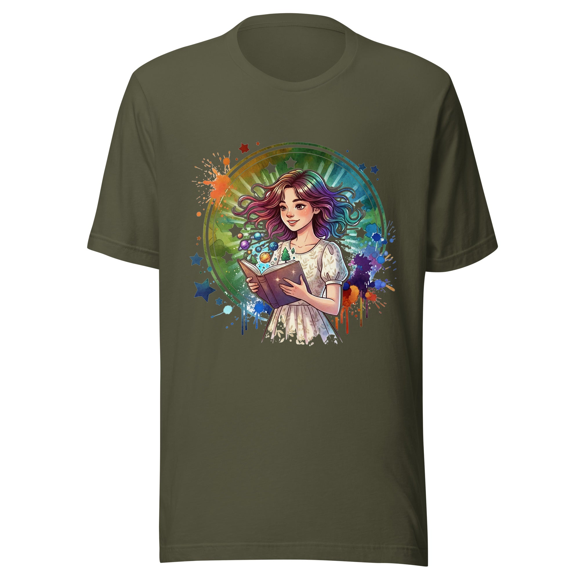 Green t-shirt with a colorful graphic of a girl reading a book on a white background