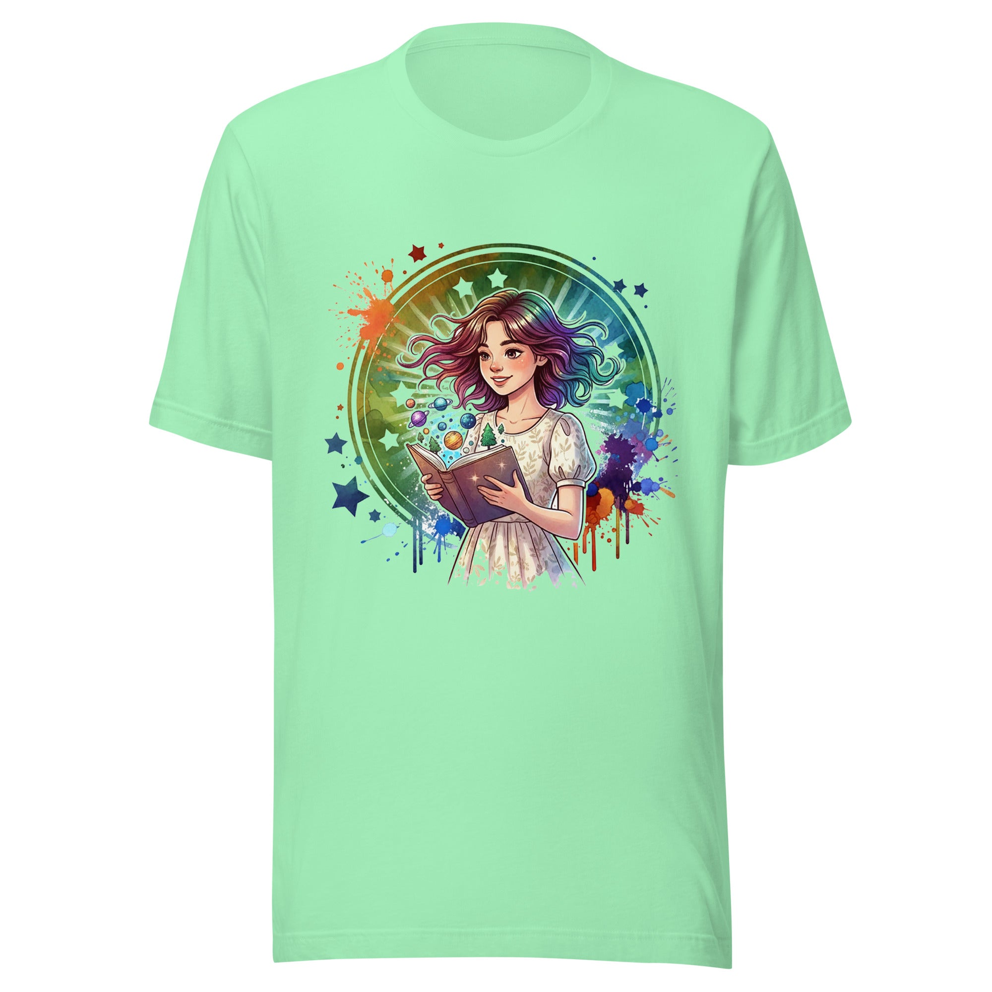 Light green t-shirt with a colorful graphic of a girl holding a book on a white background