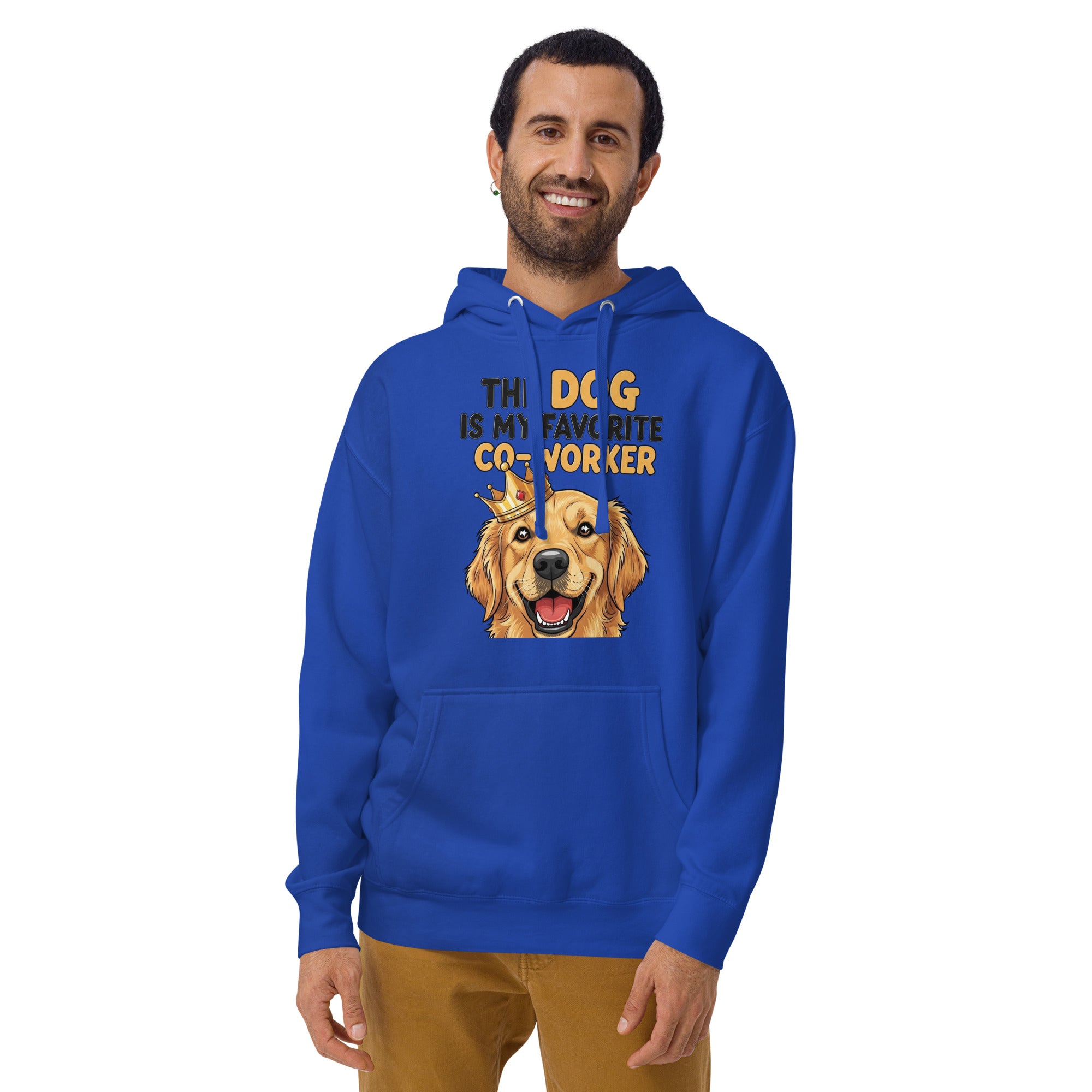 Man wearing a blue hoodie with a dog graphic and text on a white background