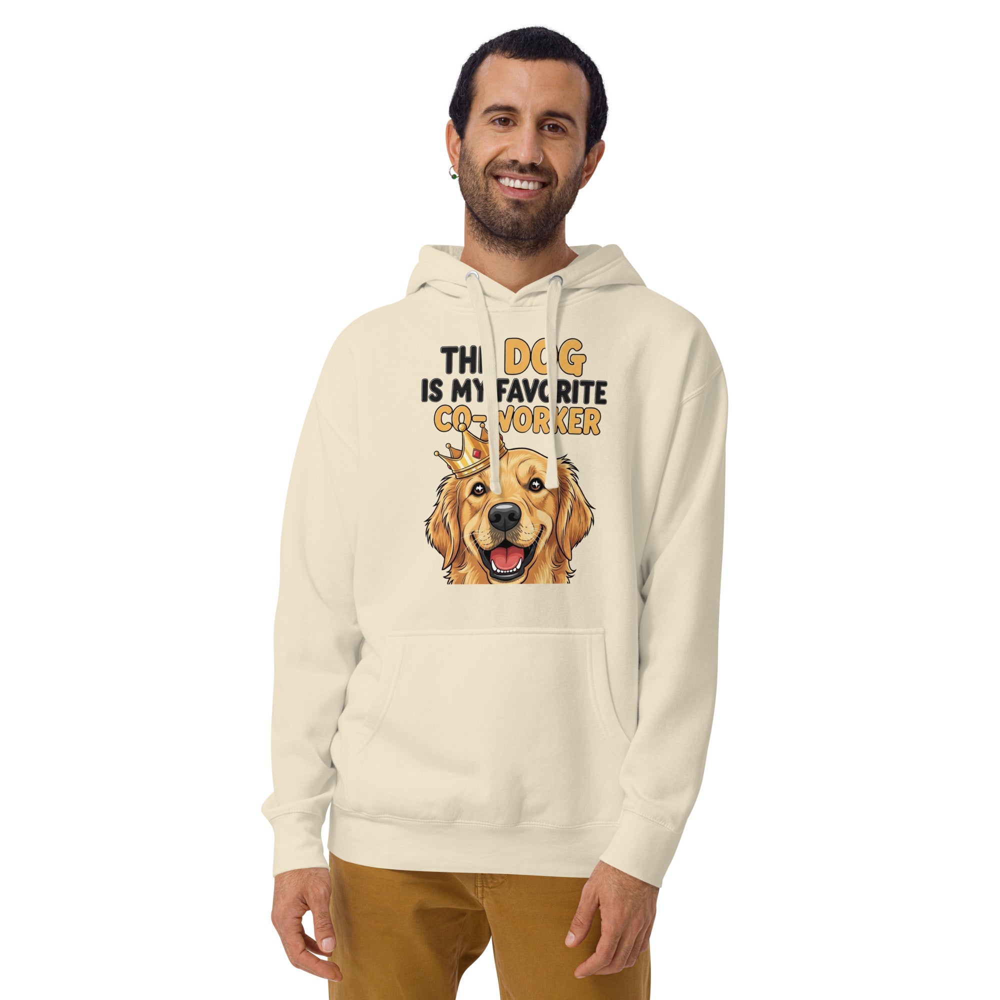 Man wearing a cream hoodie with a dog graphic and text on a white background
