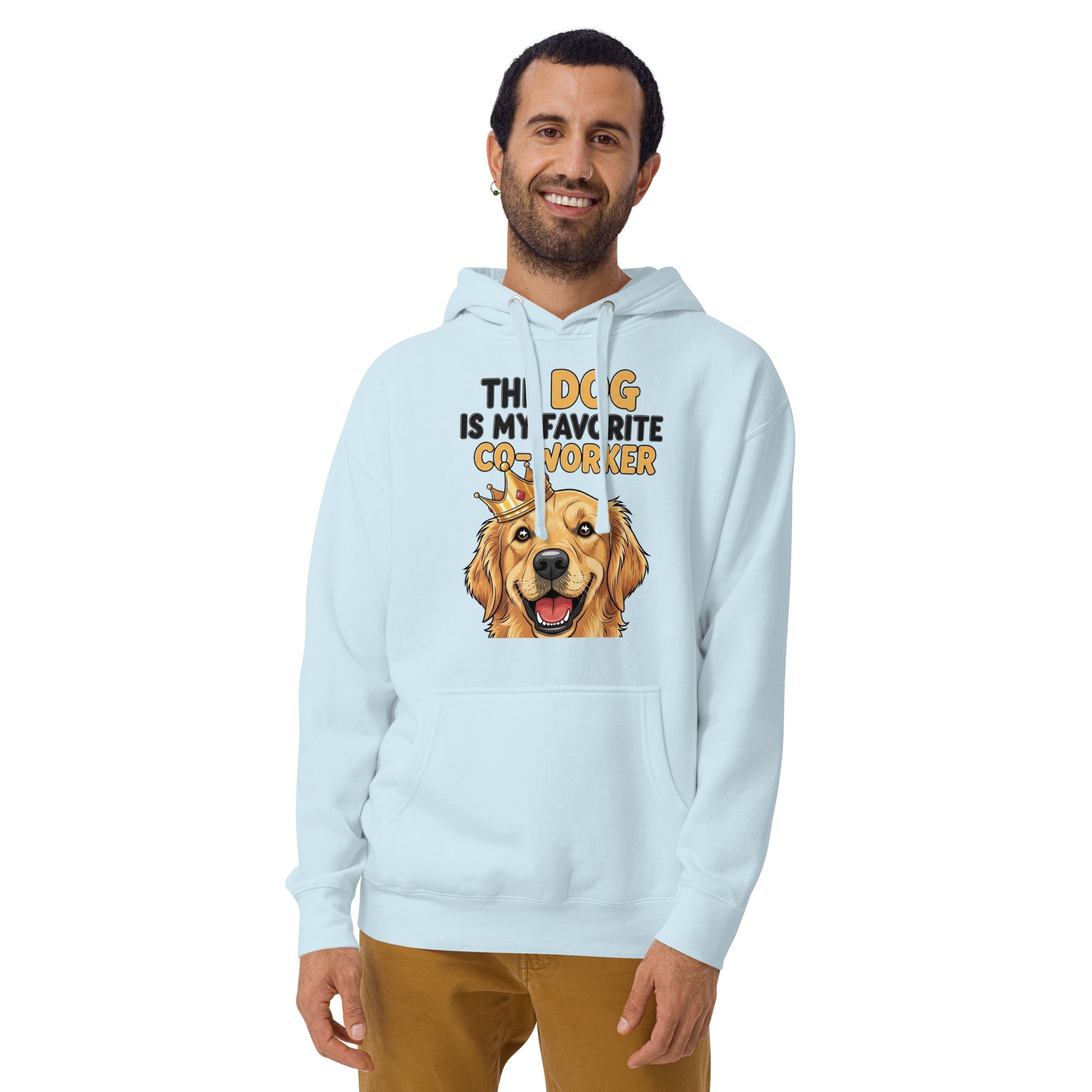 Man wearing a light blue hoodie with a dog graphic and text on a white background