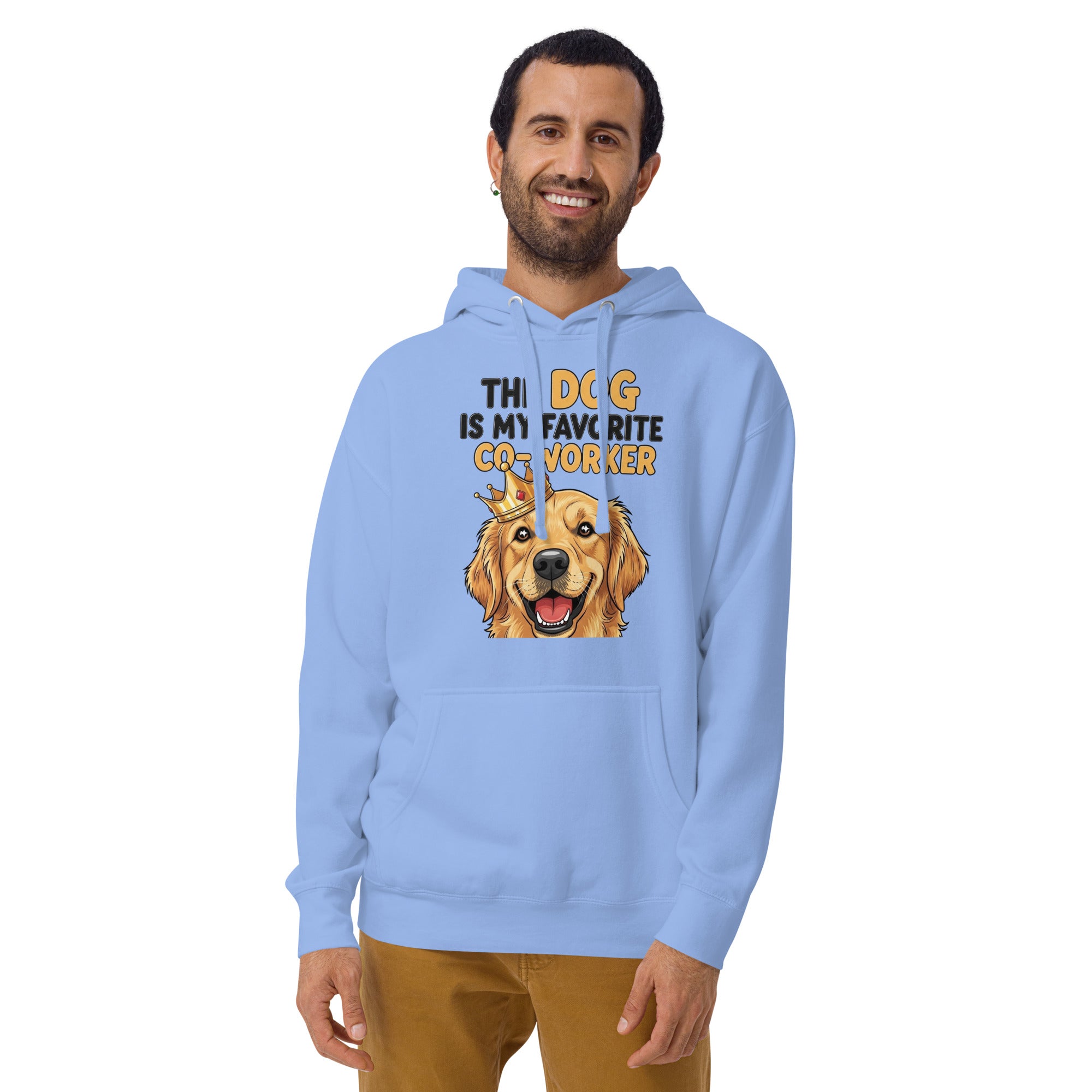 Man wearing a light blue hoodie with a dog graphic and text on a white background