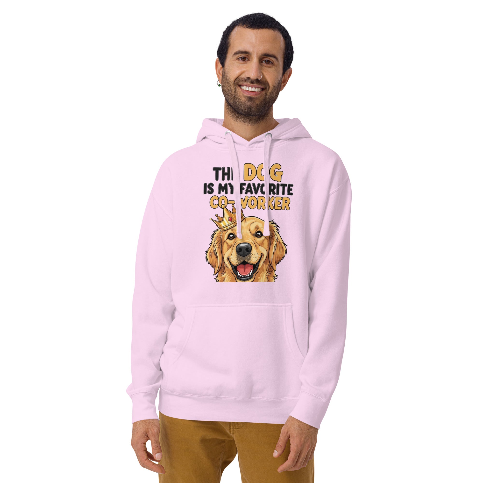 Man wearing a pink hoodie with a dog graphic and text on a white background