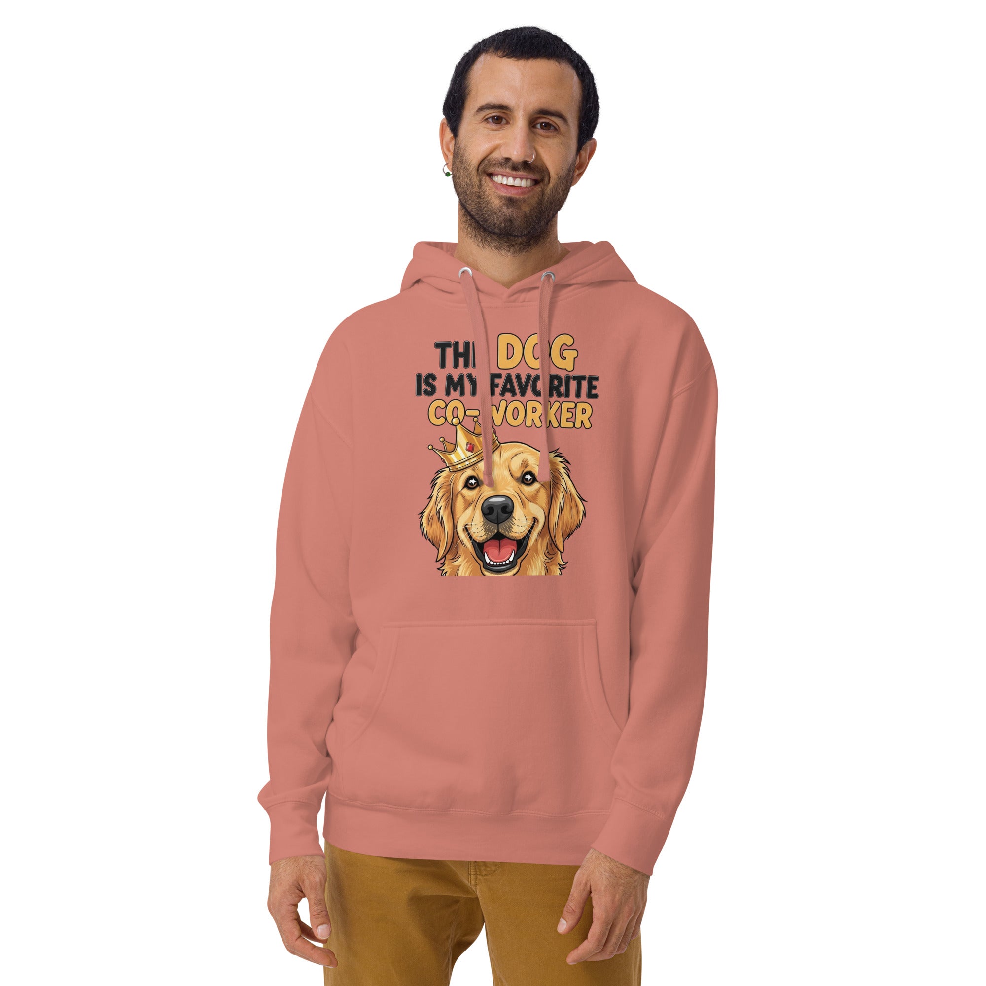 Man wearing a pink hoodie with a dog graphic and text on a white background