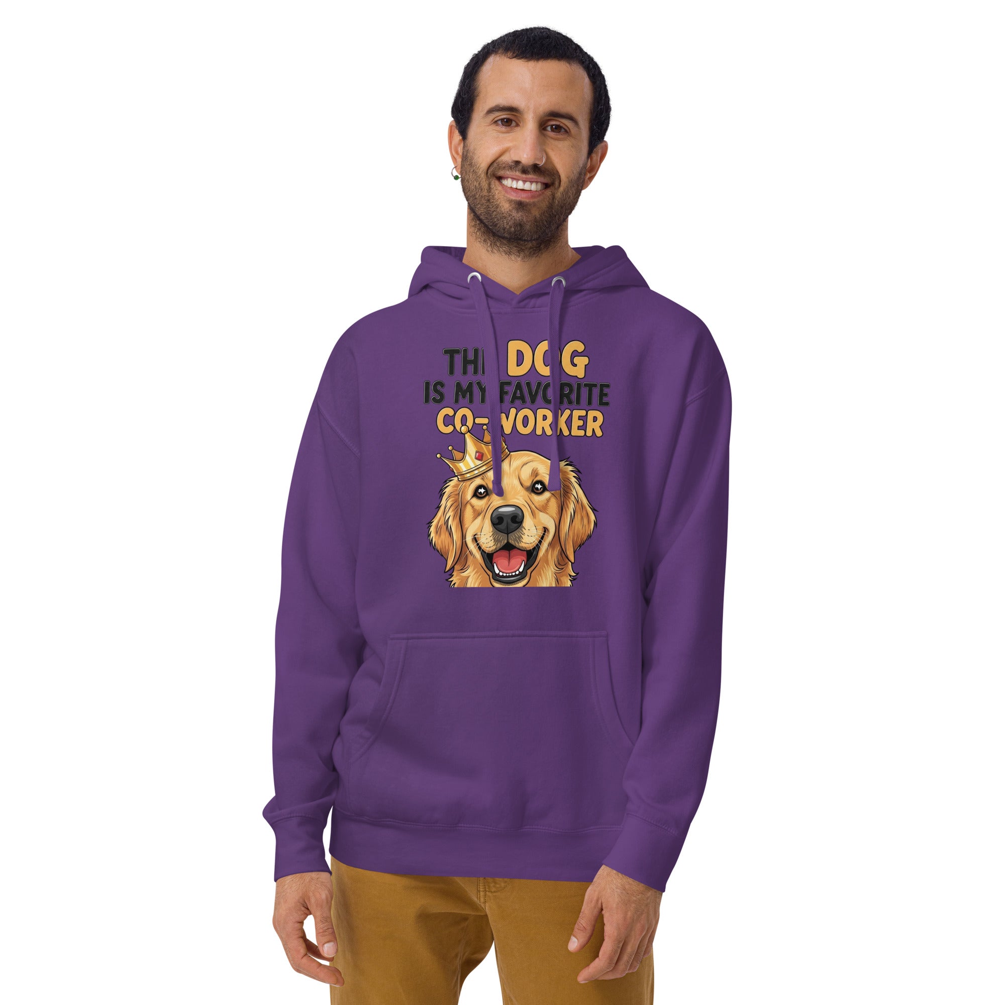 Man wearing a purple hoodie with a dog graphic and text on a white background