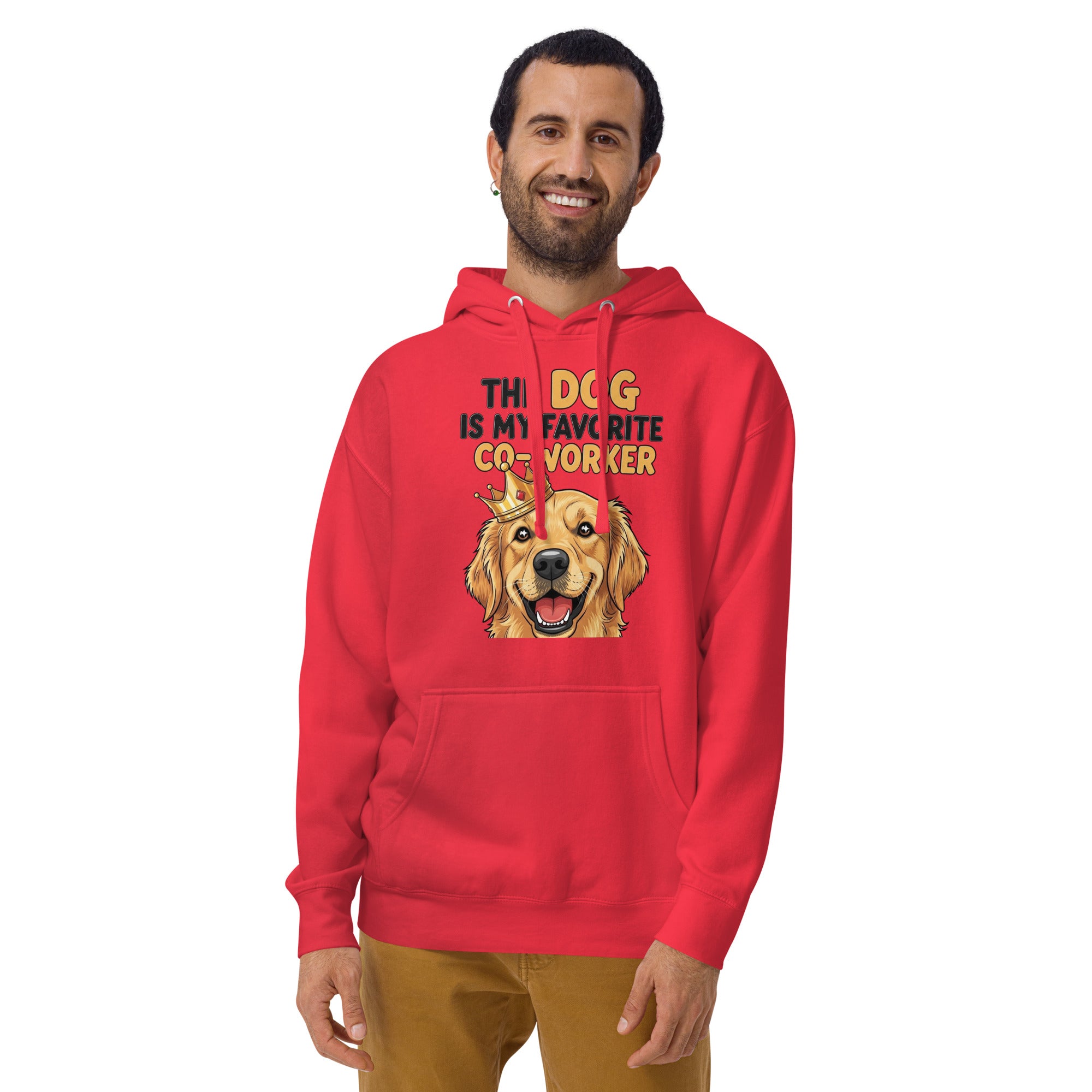 Man wearing a red hoodie with a dog graphic and text on a white background