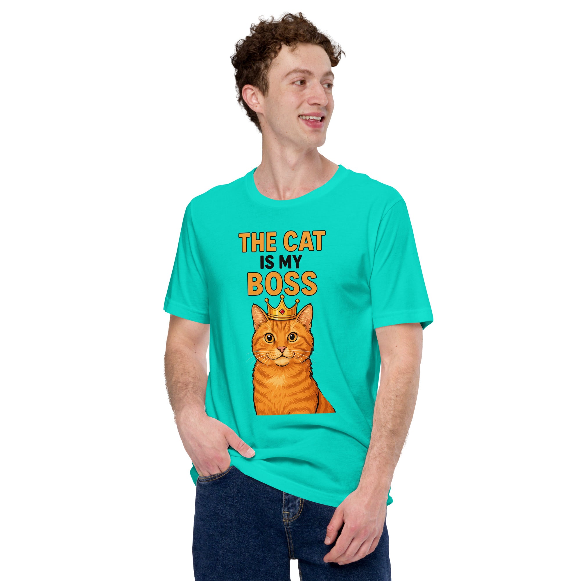 Man wearing a teal t-shirt with a cat graphic and text on a white background