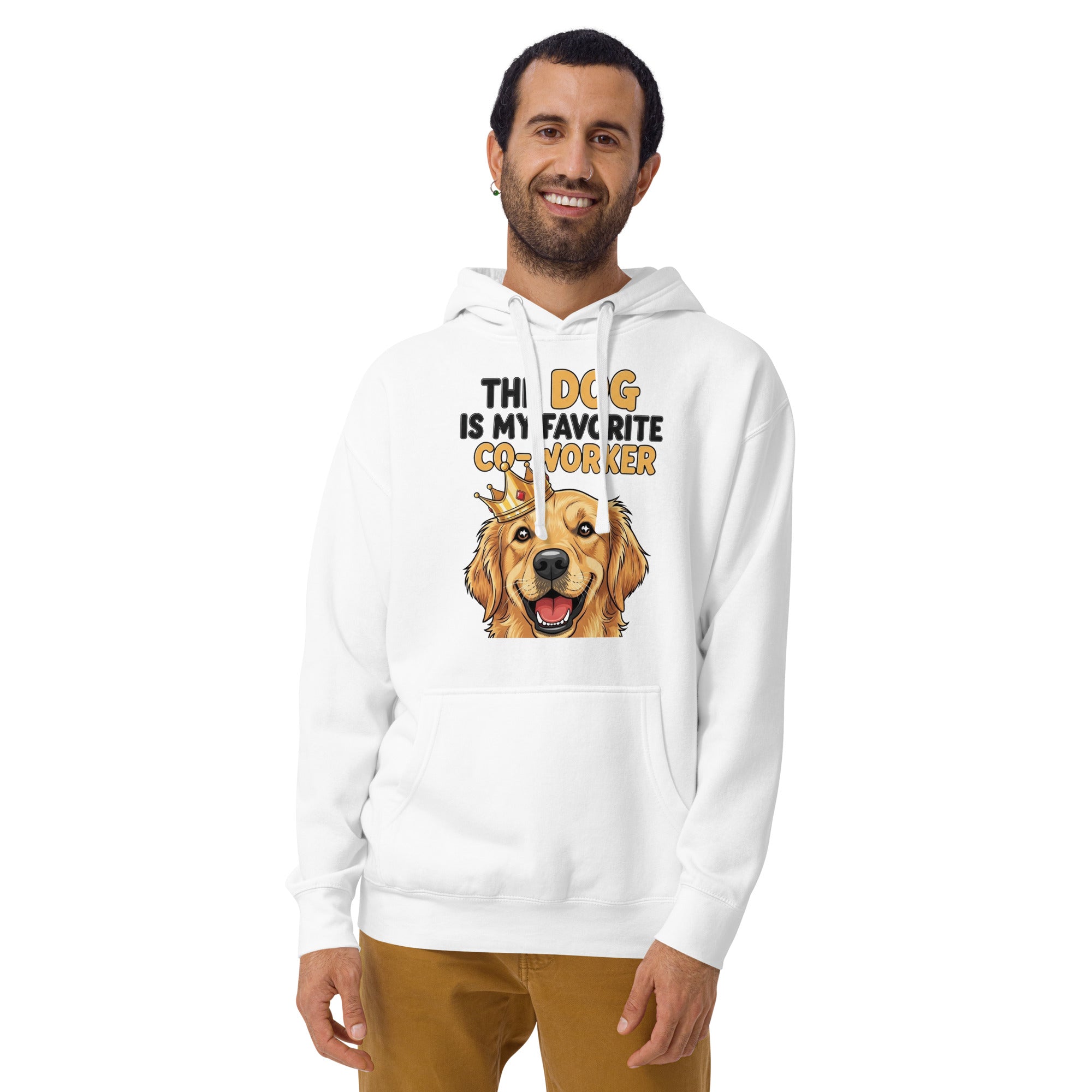Man wearing a white hoodie with a dog graphic and text on a white background