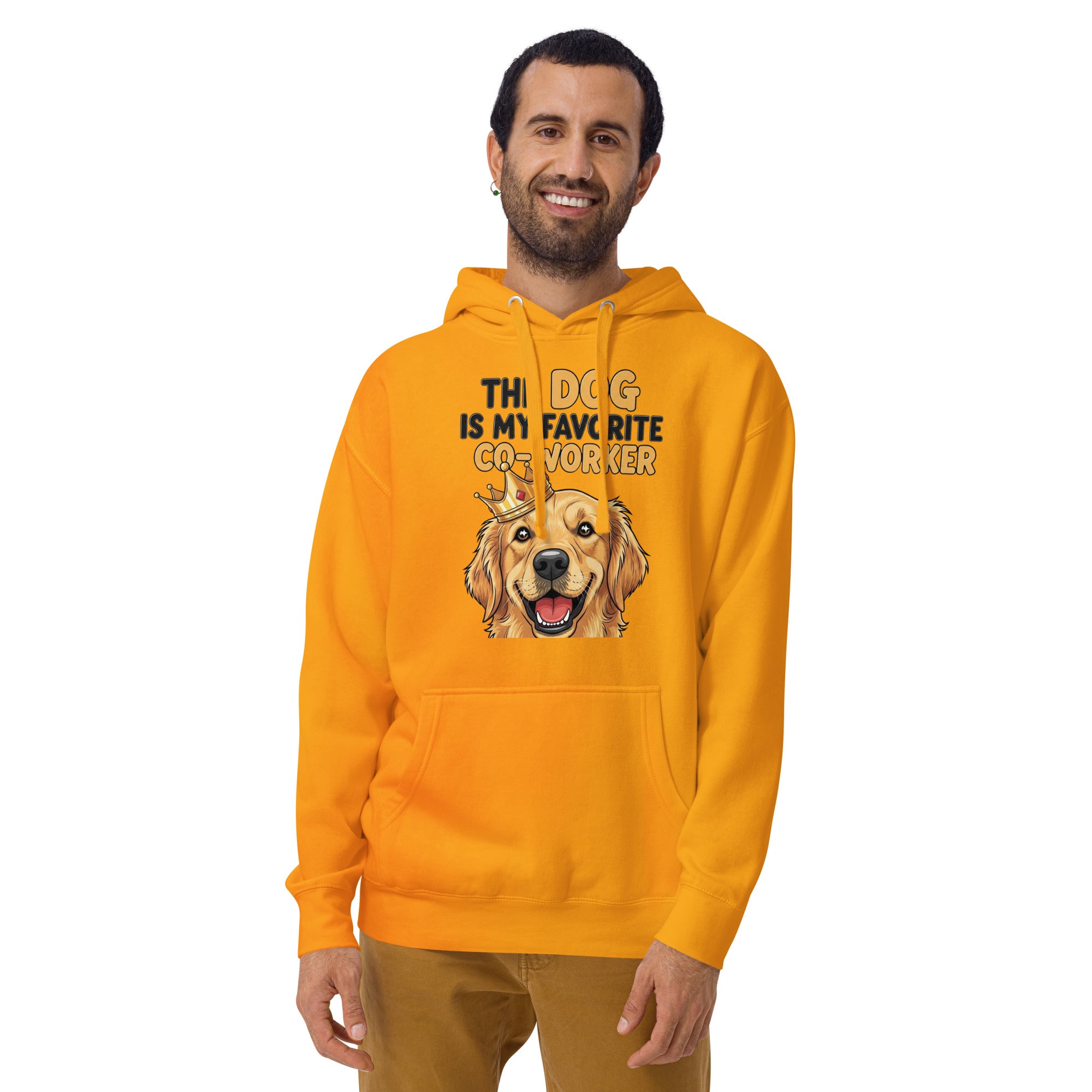 Man wearing a yellow hoodie with a dog graphic and text on a white background