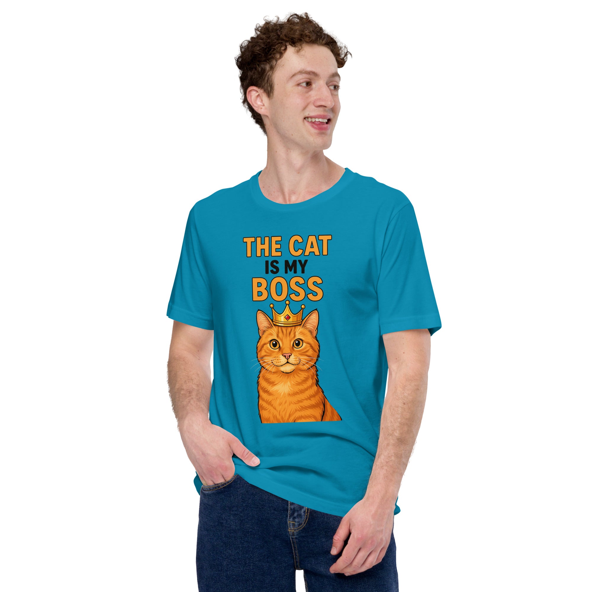 Person wearing a blue t-shirt with a cat graphic and text on a white background