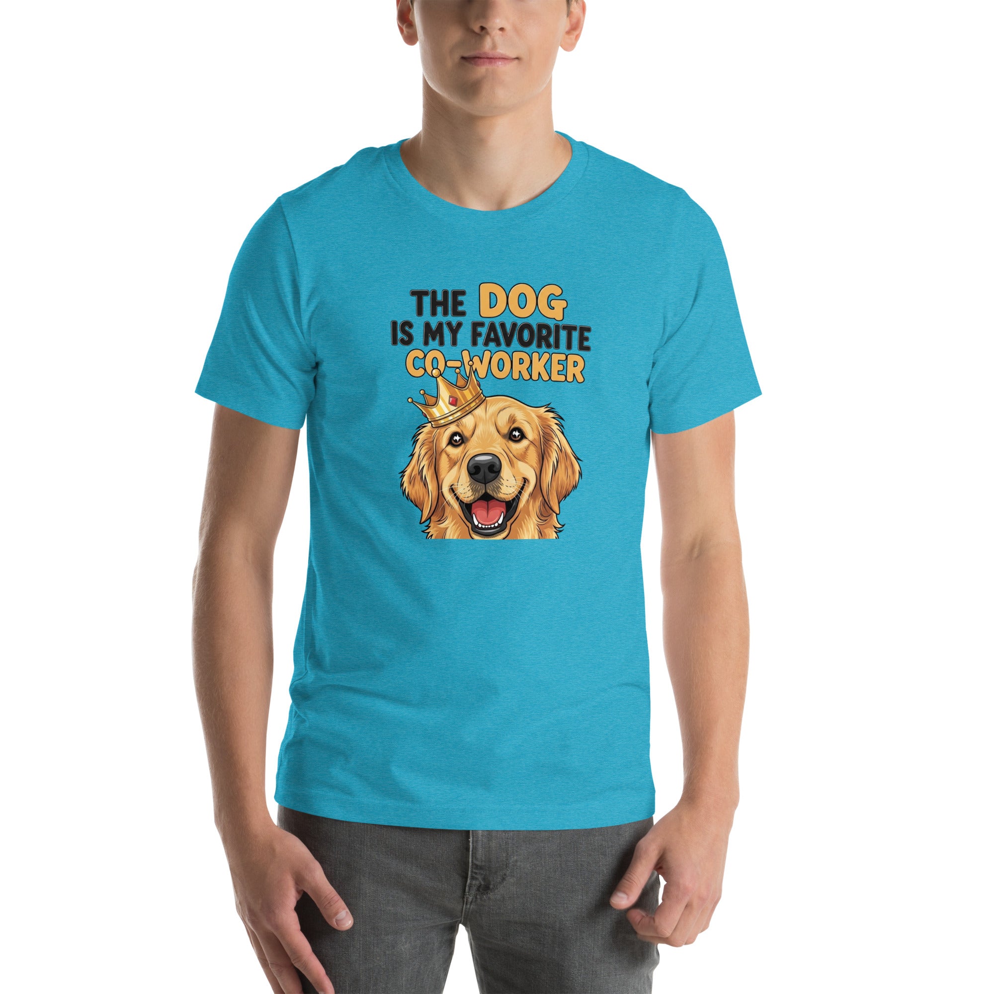 Person wearing a blue t-shirt with a dog graphic and text on a white background