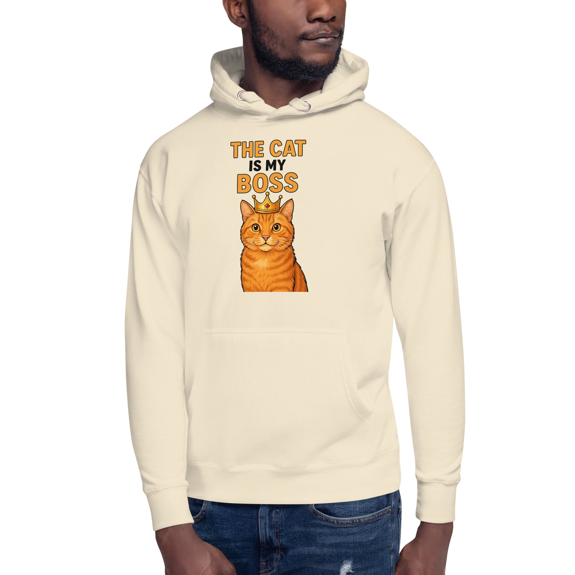 Person wearing a cream hoodie with a cat graphic and text on a white background
