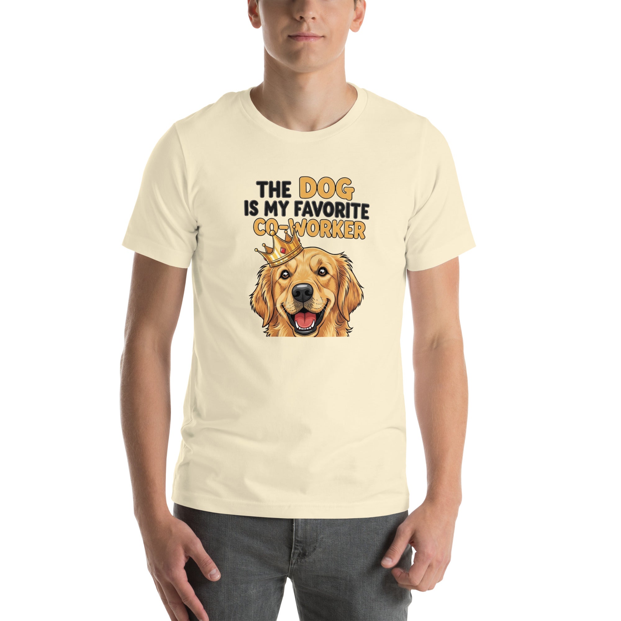 Person wearing a cream t-shirt with a dog graphic and text on a white background