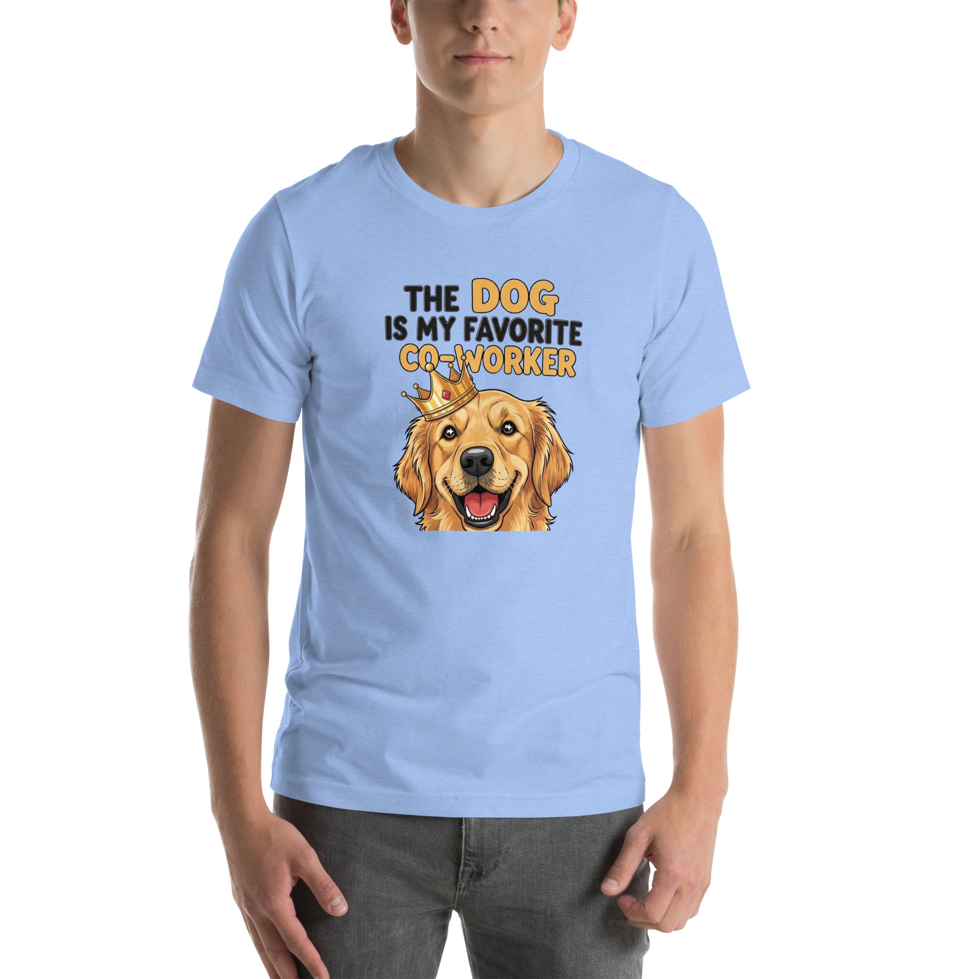 Person wearing a light blue t-shirt with a dog graphic and text on a white background