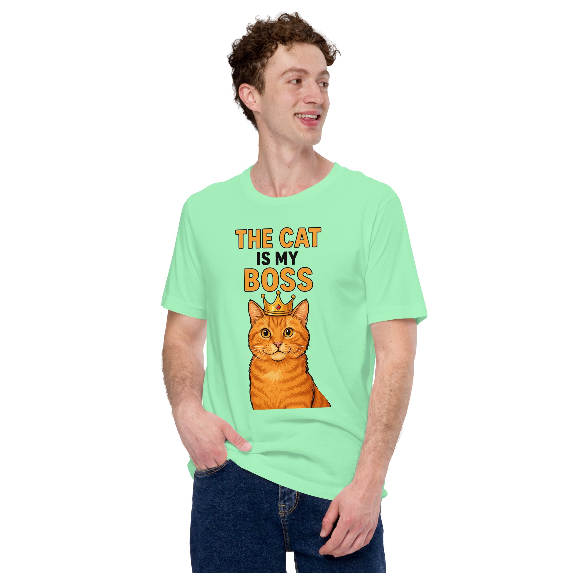 Person wearing a light green t-shirt with a cat graphic and text on a white background
