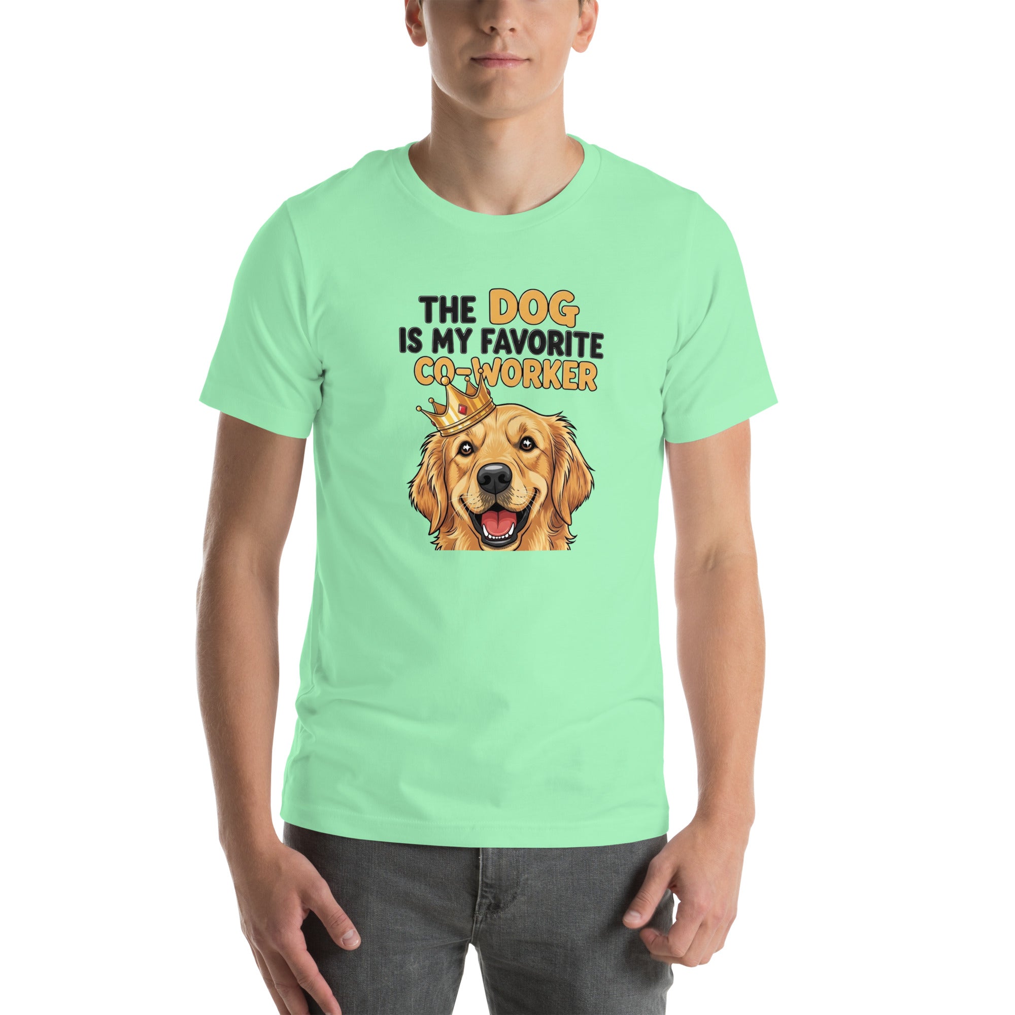 Person wearing a light green t-shirt with a dog graphic and text on a white background