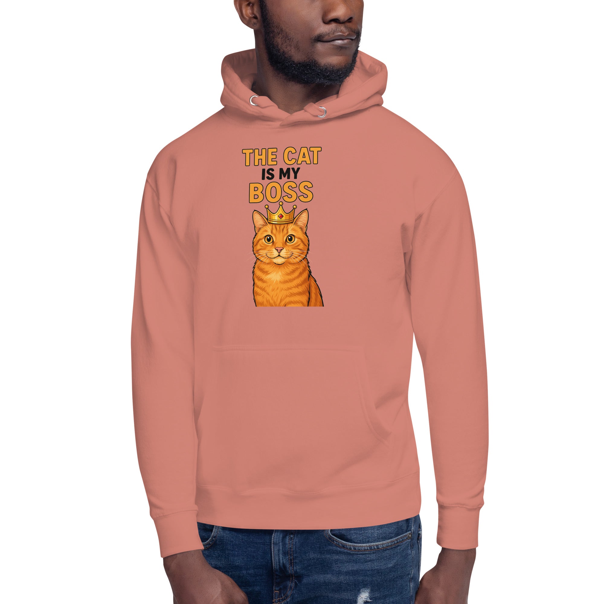 Person wearing a peach hoodie with a cat graphic and text on a white background