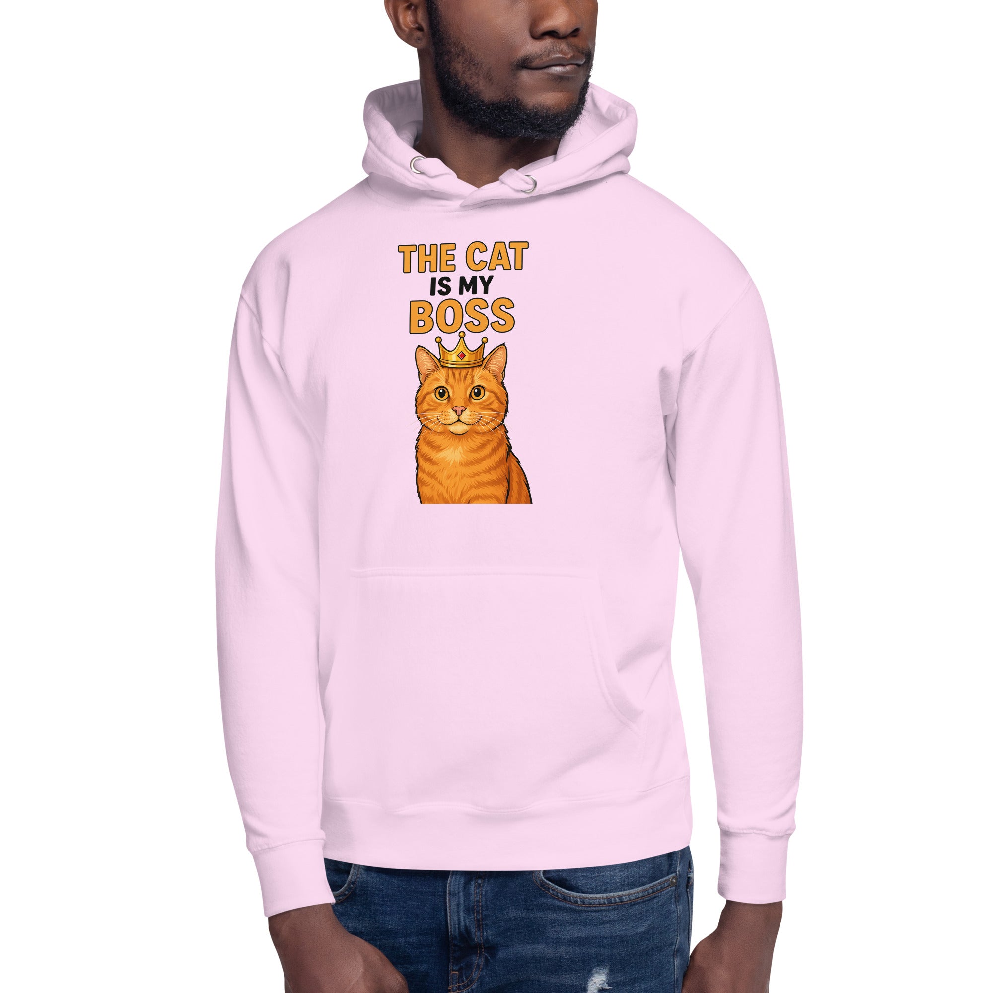 Person wearing a pink hoodie with a cat graphic and text on a white background