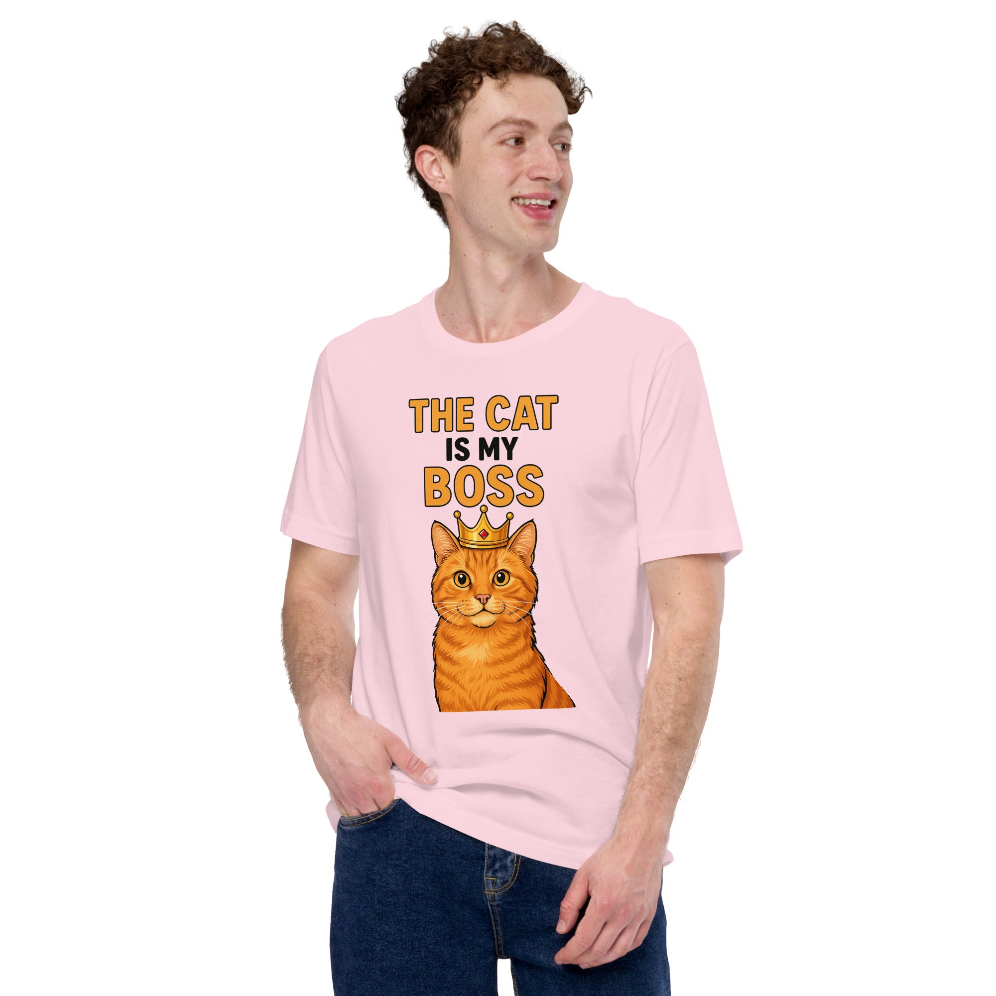Person wearing a pink t-shirt with a cat graphic and text on a white background