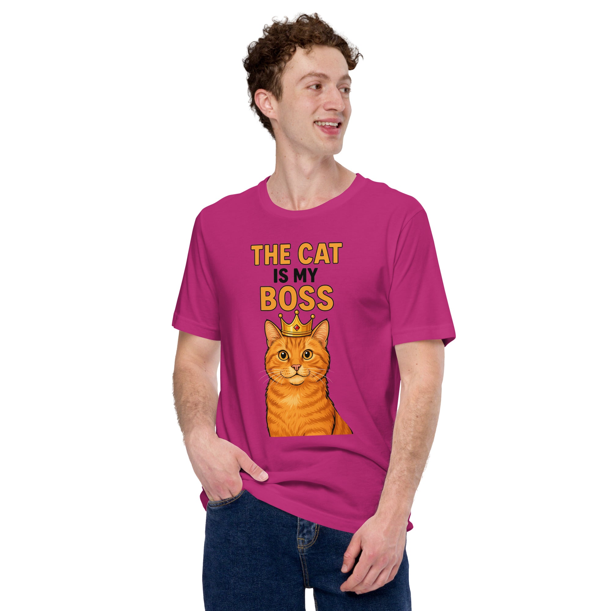 Person wearing a pink t-shirt with a cat graphic and text on a white background