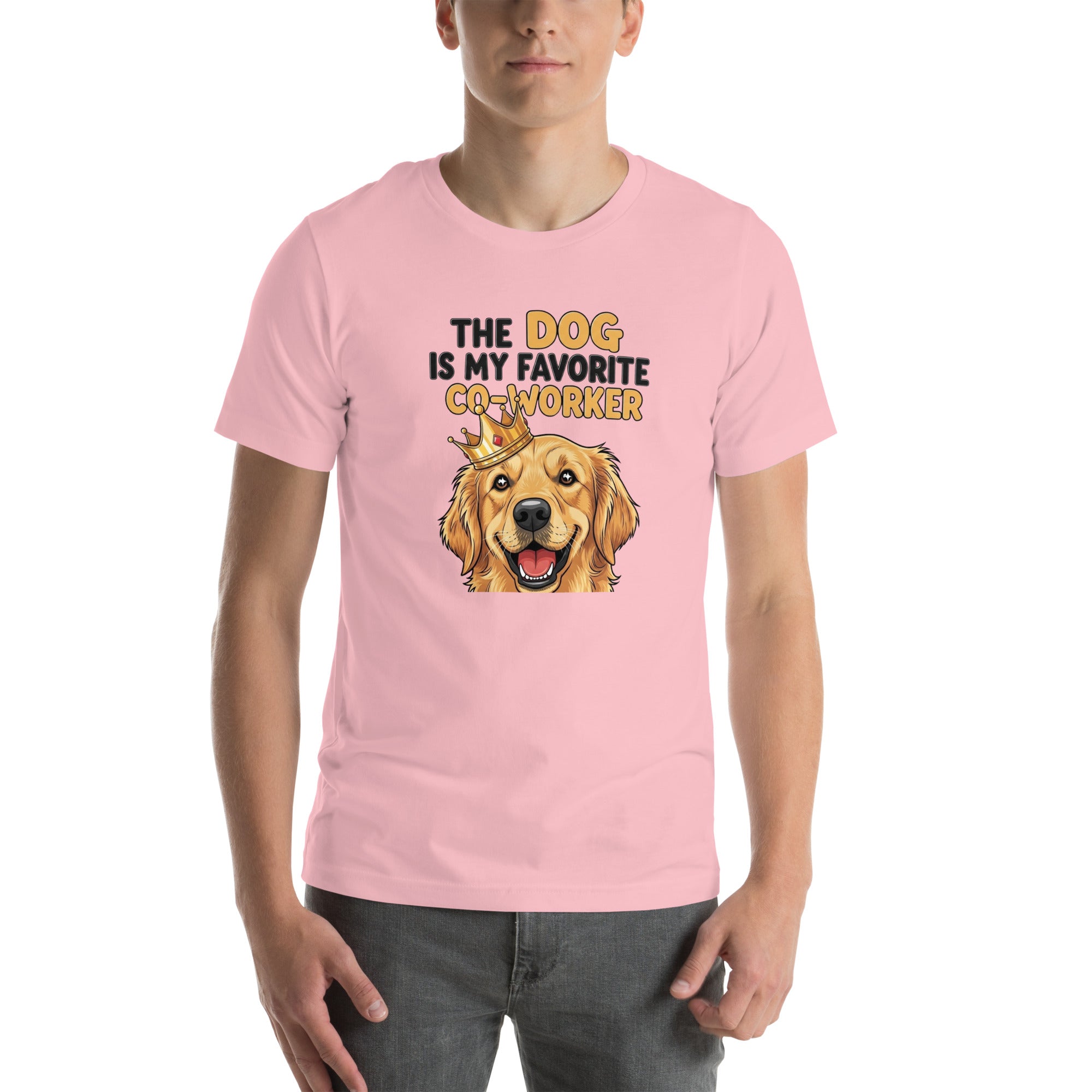Person wearing a pink t-shirt with a dog graphic and text on a white background