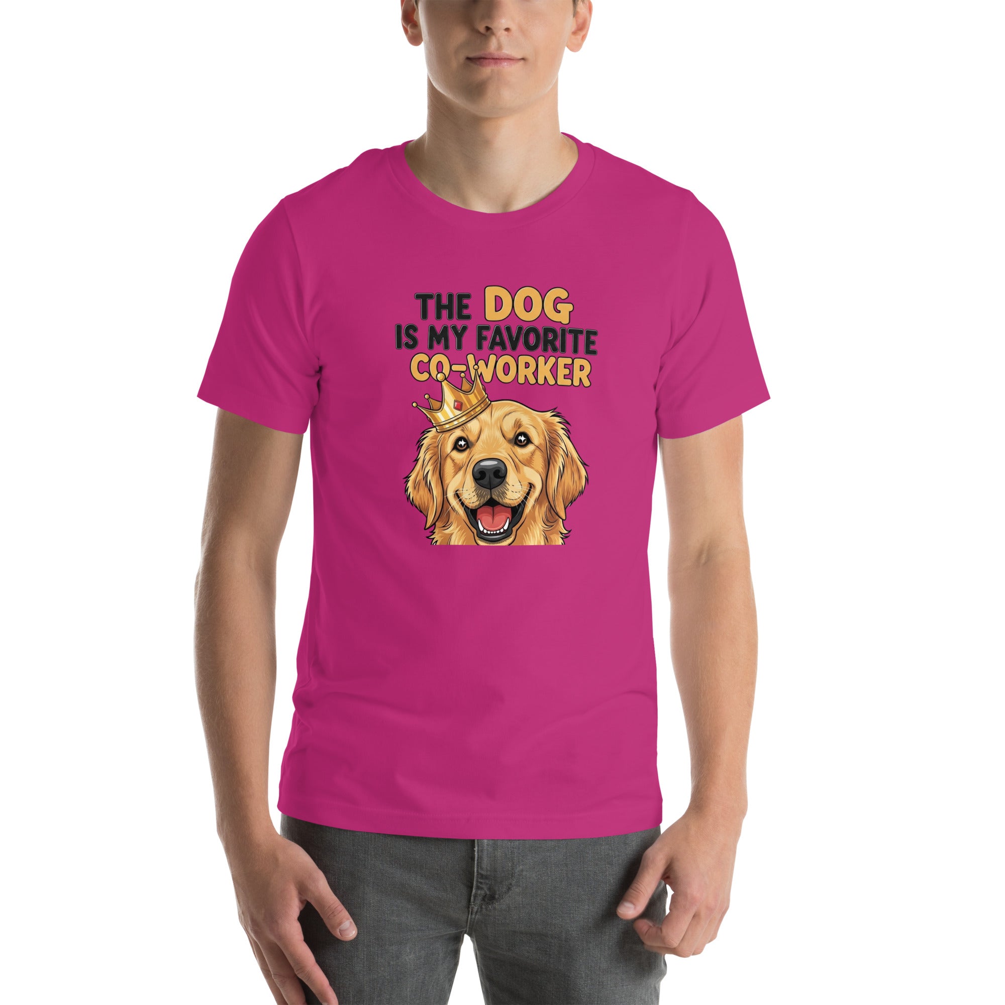 Person wearing a pink t-shirt with a dog graphic and text on a white background