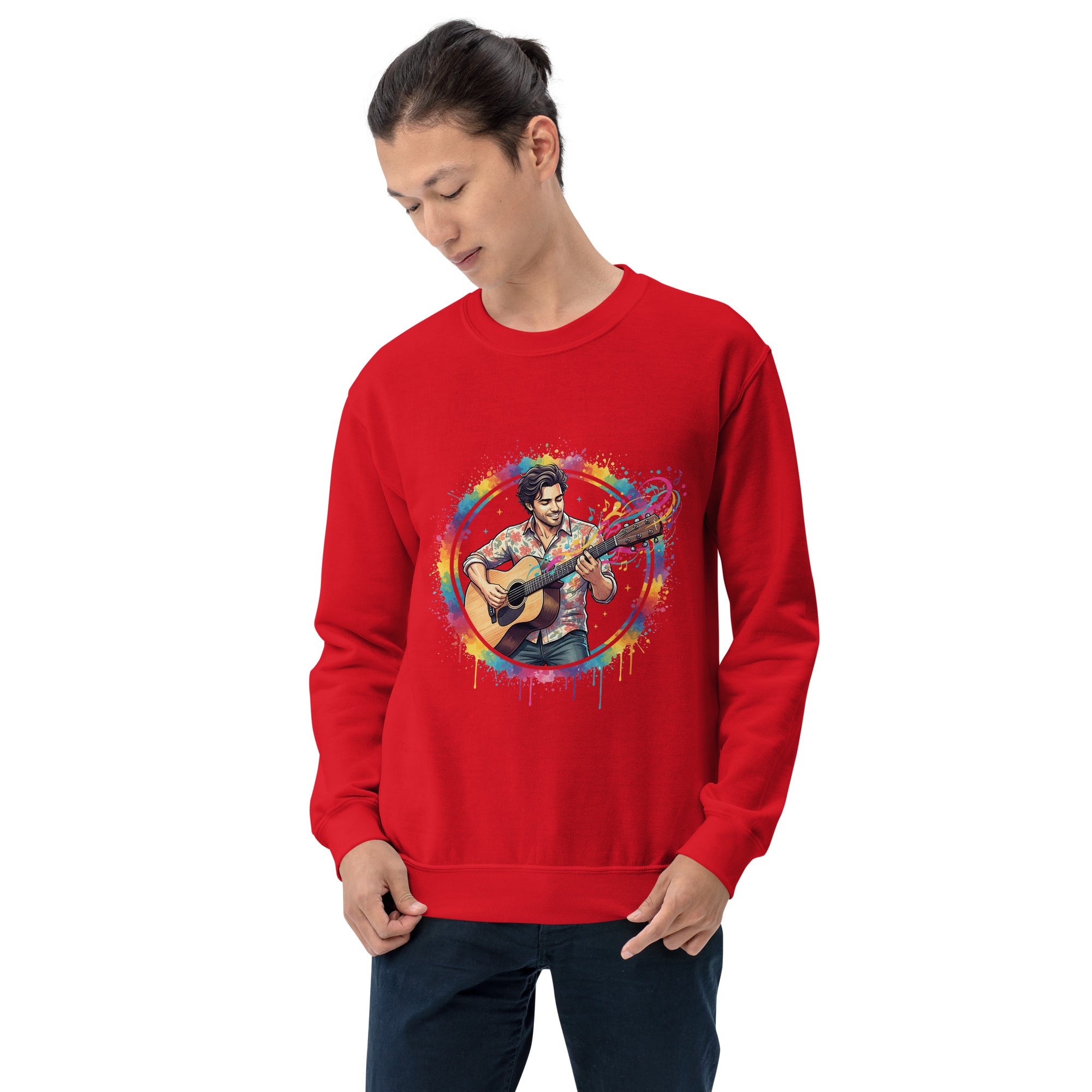 Person wearing a red sweatshirt with a colorful graphic of a person playing guitar on a white background