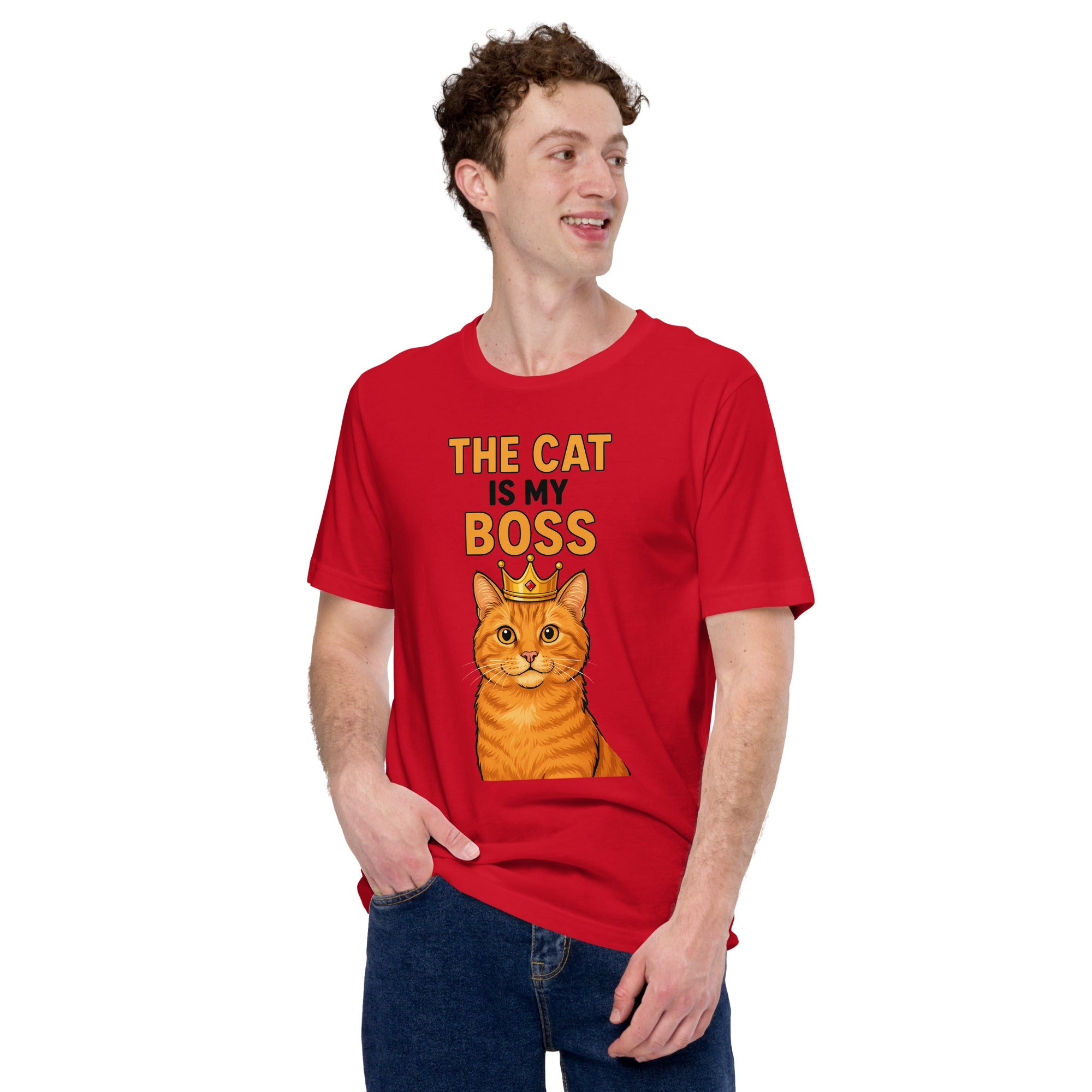 Person wearing a red t-shirt with a cat graphic and text on a white background