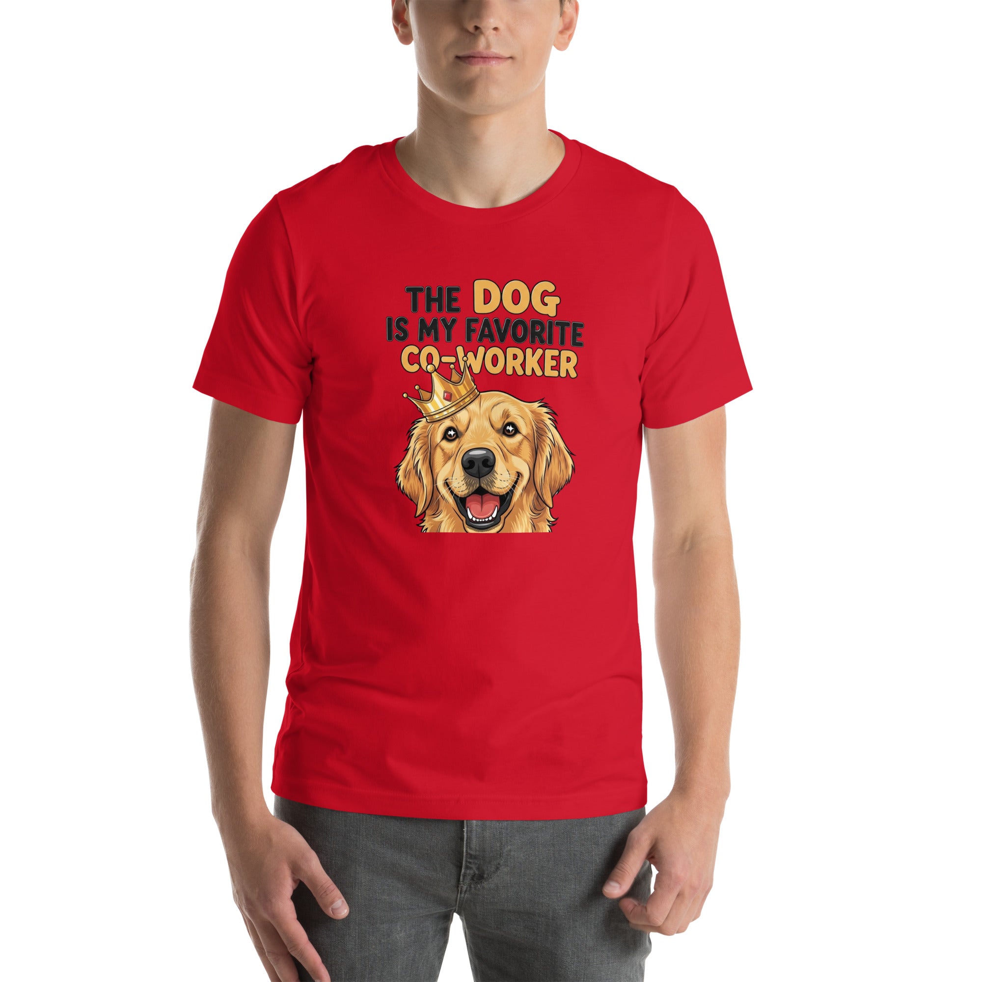 Person wearing a red t-shirt with a dog graphic and text on a white background