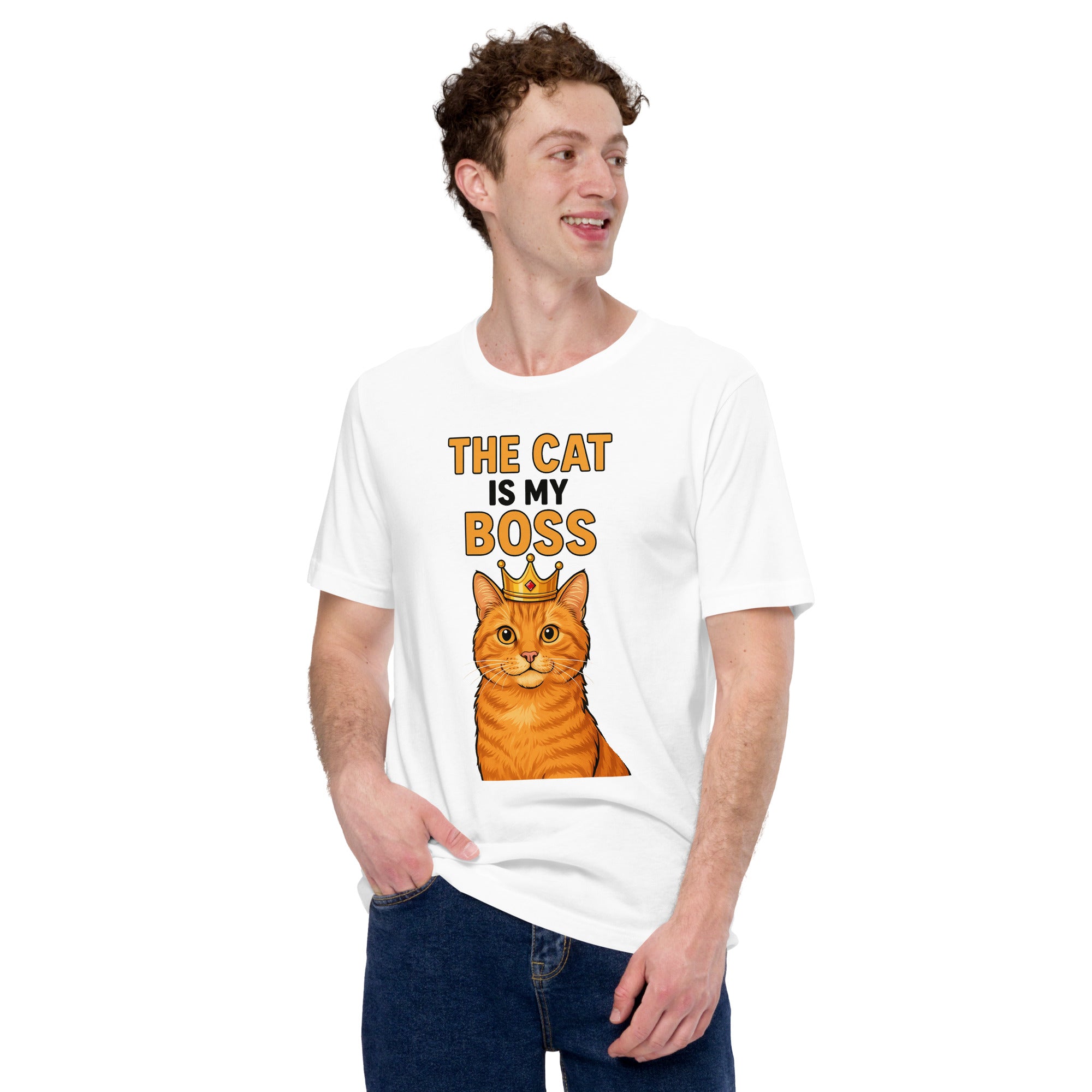 Person wearing a white t-shirt with a cat graphic and text on a white background