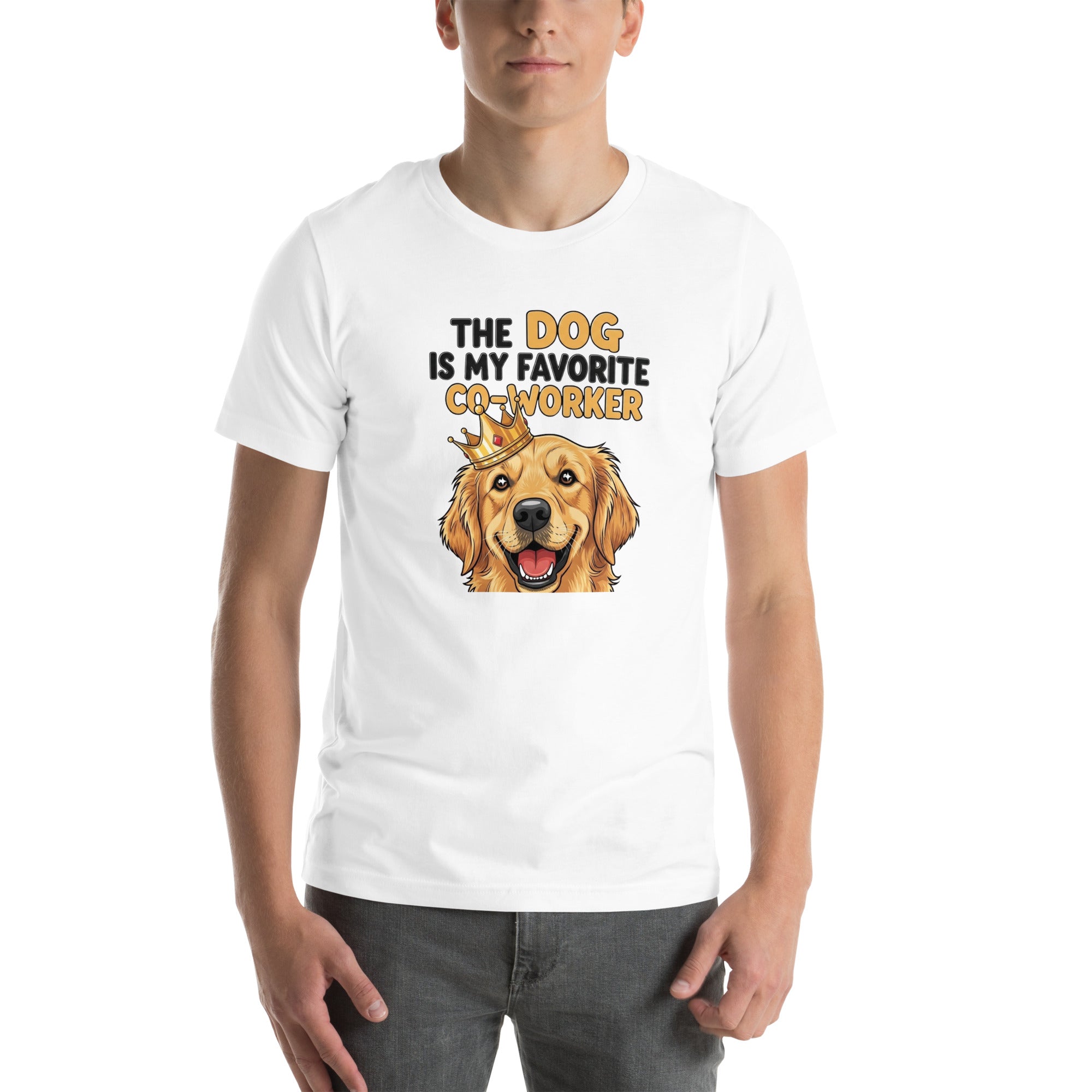 Person wearing a white t-shirt with a dog graphic and text on a white background