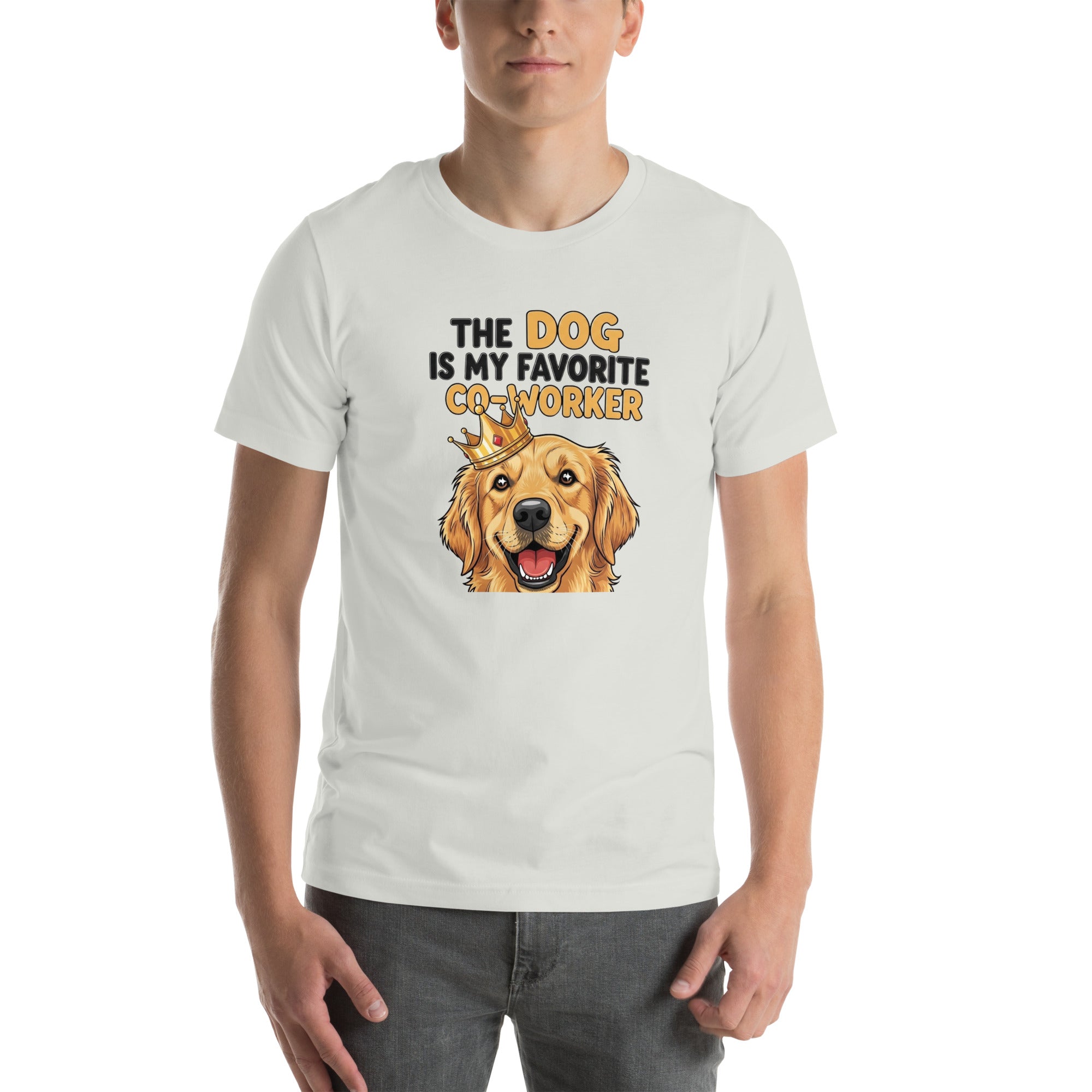 Person wearing a white t-shirt with a graphic of a dog and text on a white background