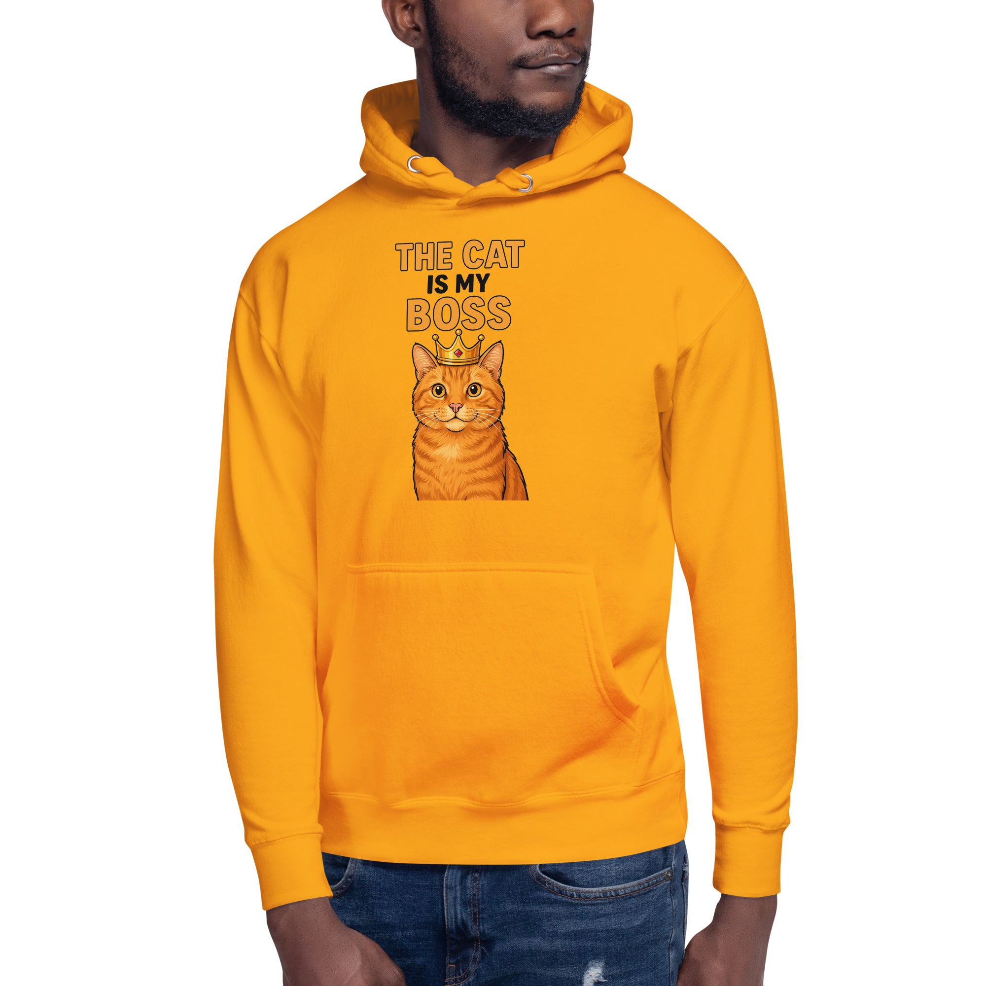 Person wearing a yellow hoodie with a cat graphic and text on a white background
