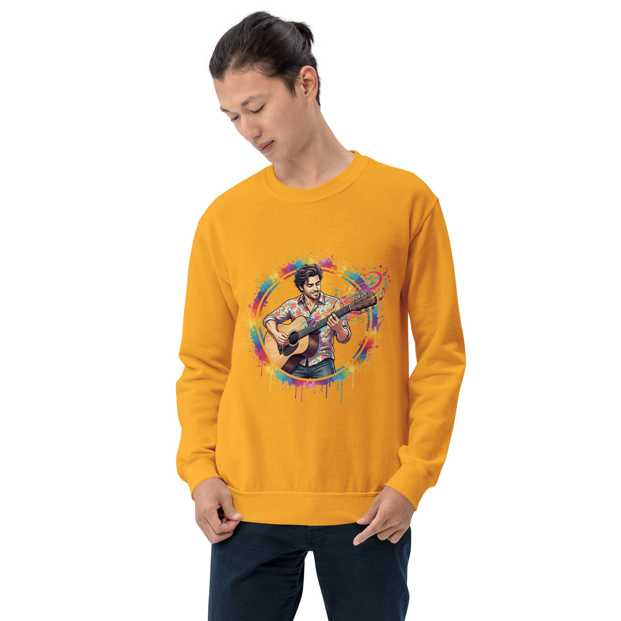 Person wearing a yellow sweatshirt with a colorful graphic design on a white background