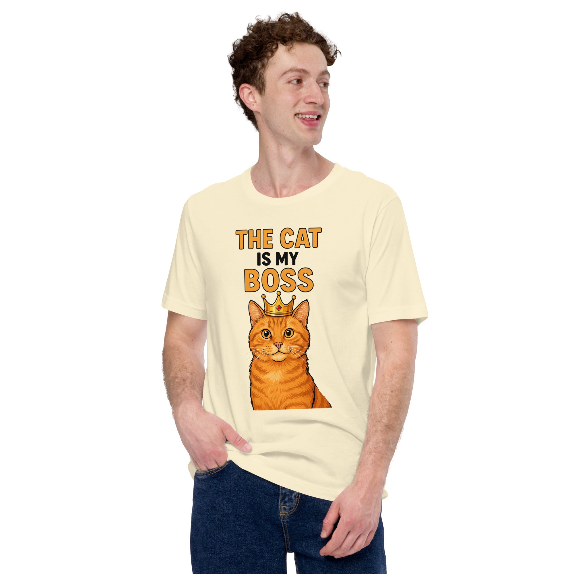 Person wearing a yellow t-shirt with a cat graphic and text on a white background