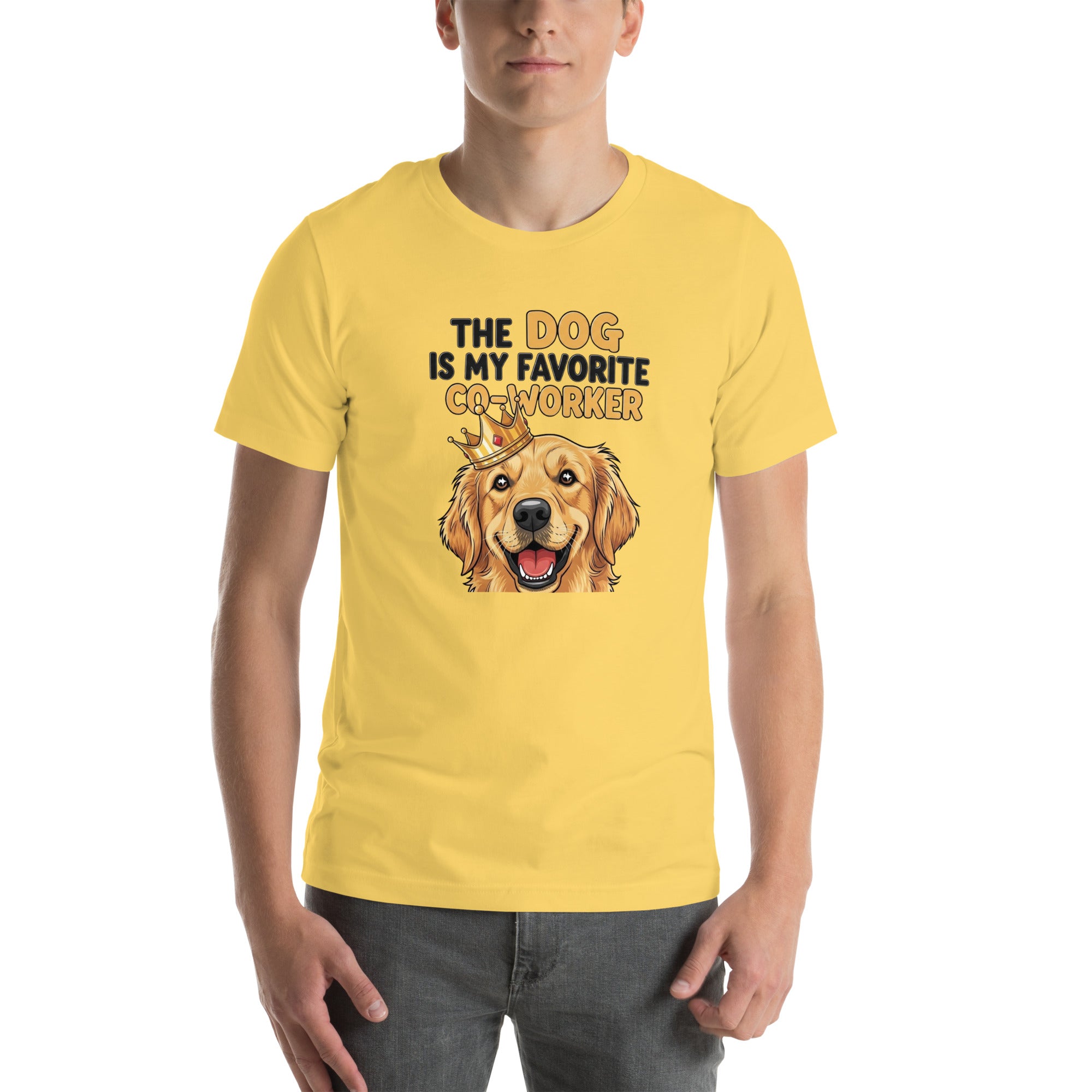 Person wearing a yellow t-shirt with a dog graphic and text on a white background