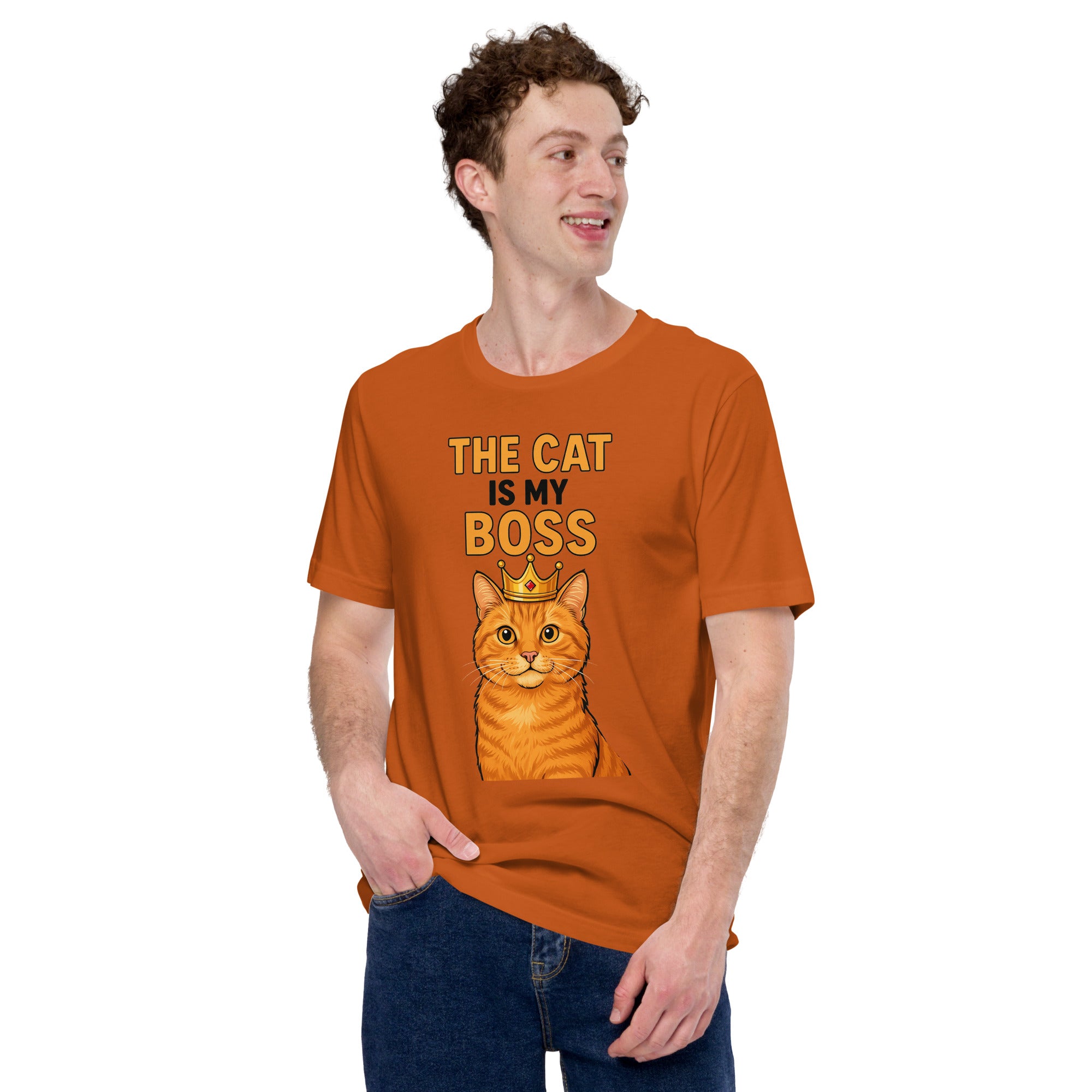 Person wearing an orange t-shirt with a cat graphic and text on a white background