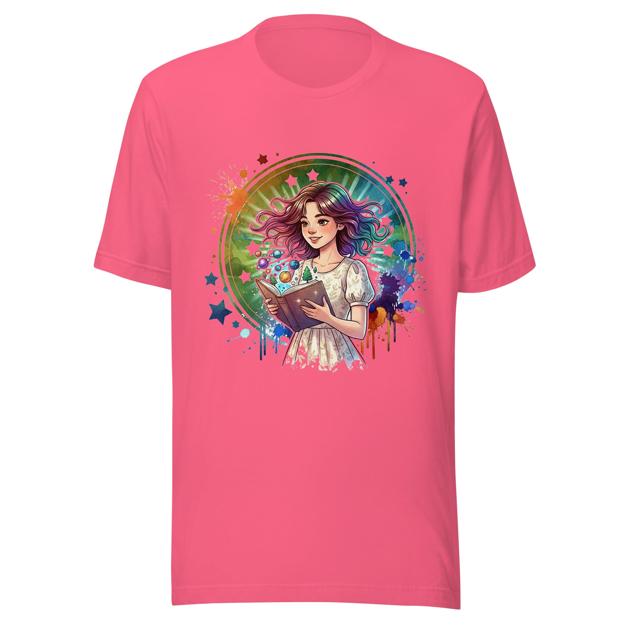 Pink t-shirt with a colorful graphic of a girl holding a book on a white background