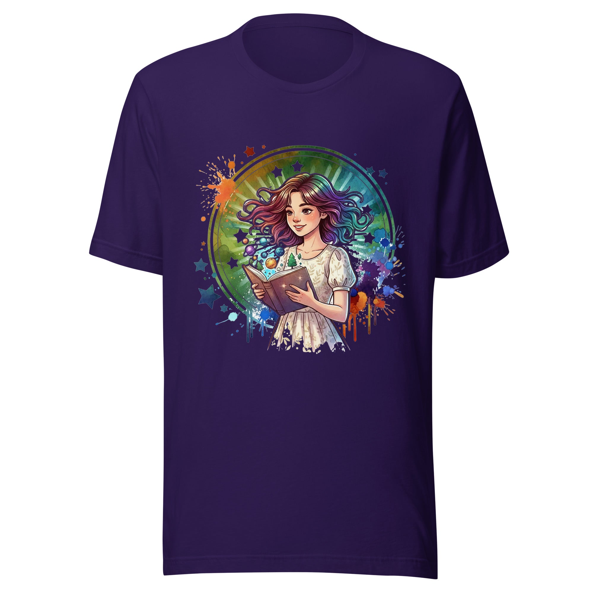 Purple t-shirt with a colorful graphic of a girl holding a book on a white background