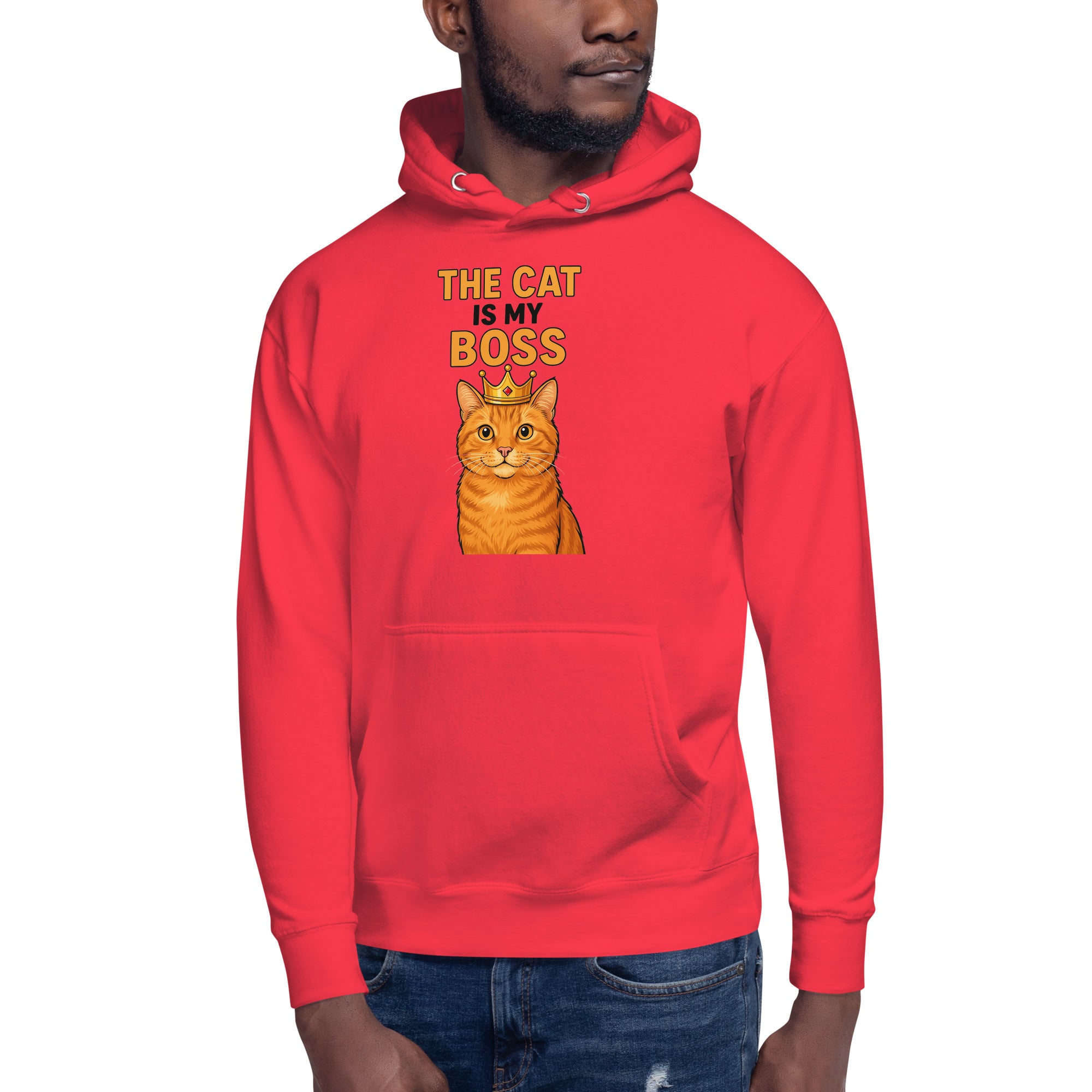 Red hoodie with a cat graphic and text 'The Cat is My Boss' on a white background