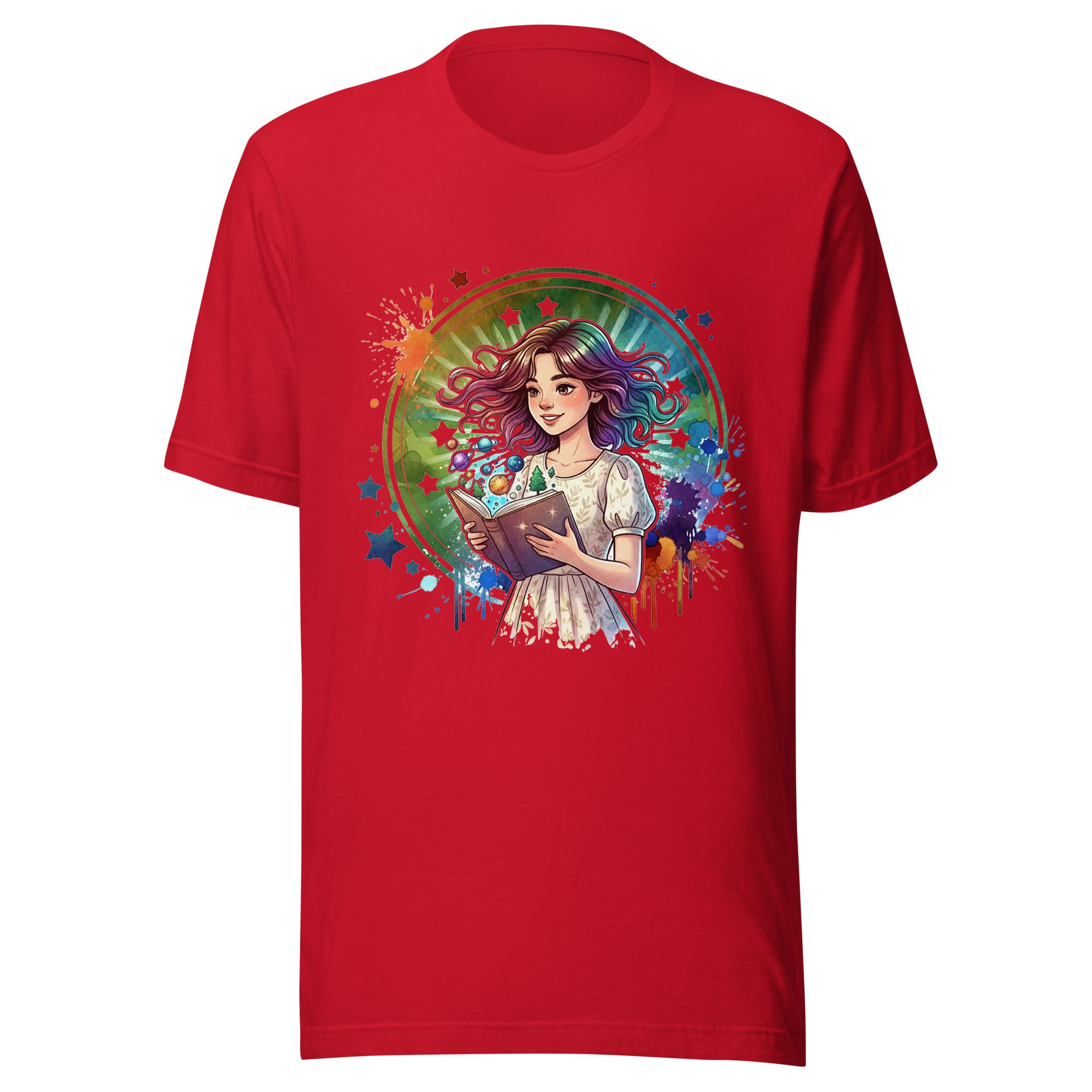 Red t-shirt with a colorful graphic of a girl holding a book on a white background