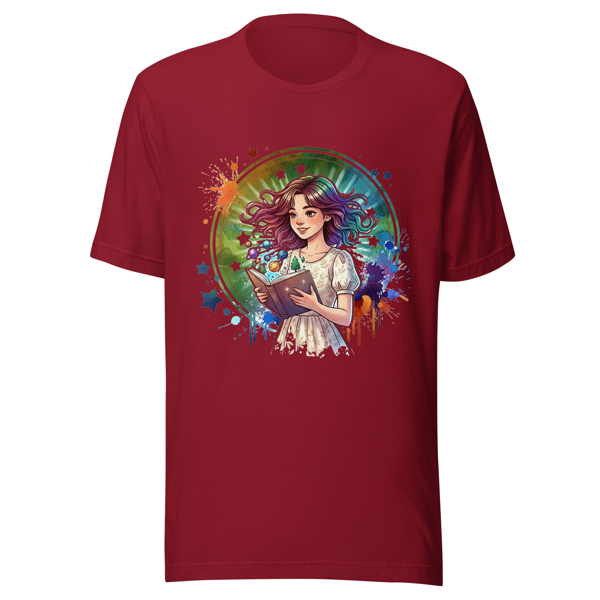 Red t-shirt with a colorful graphic of a girl reading a book on a white background