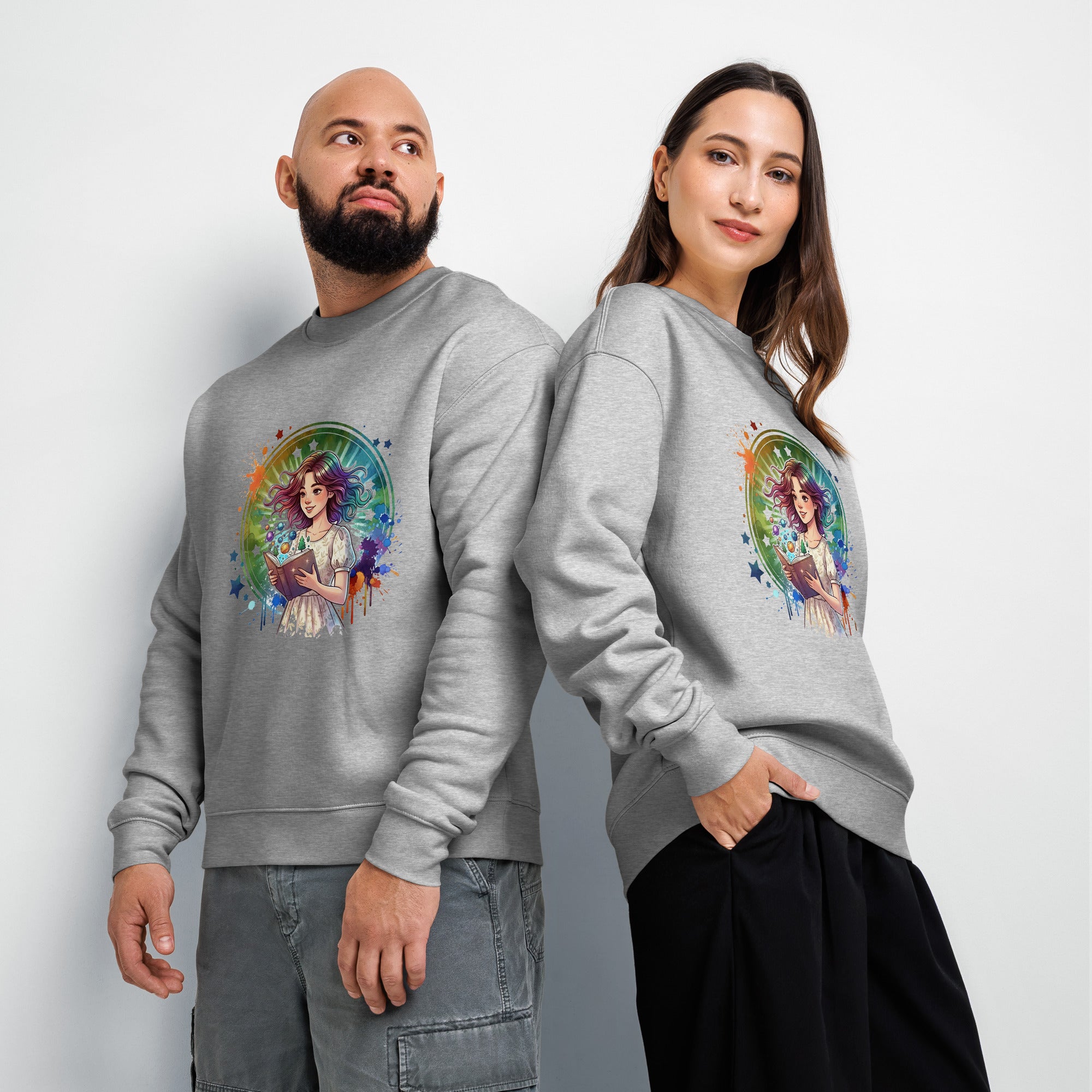 Two people wearing gray sweatshirts with a colorful graphic design on a plain background