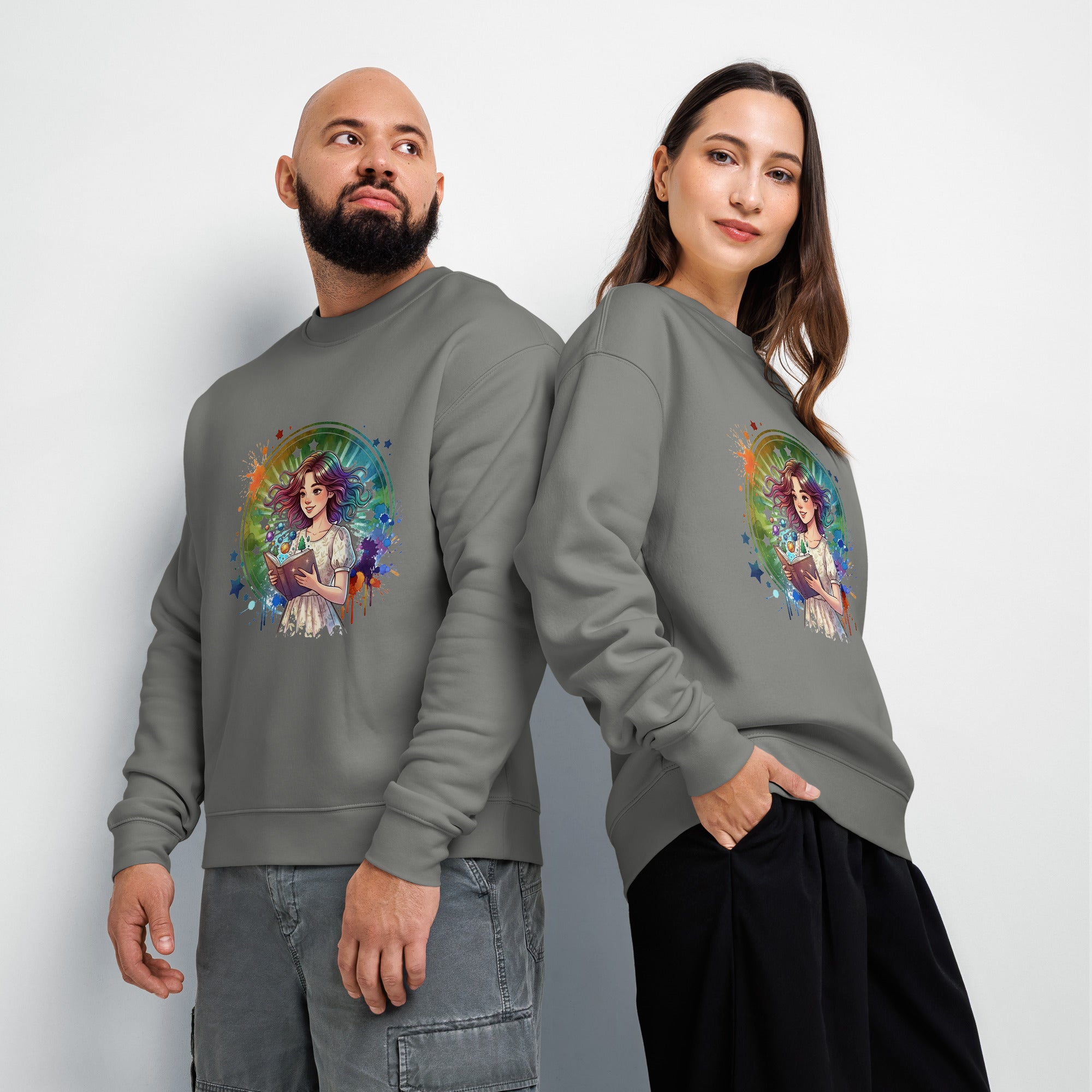 Two people wearing gray sweatshirts with a colorful graphic design on a white background